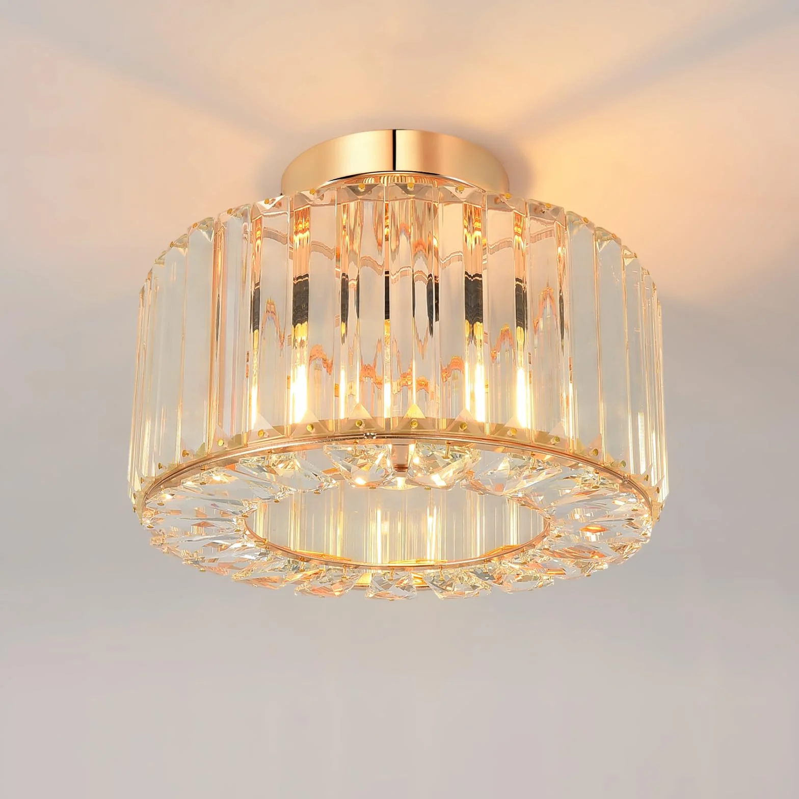 ANWIO Złota przemysłowa lampa sufitowa kryształowa, nowoczesny żyrandol do salonu E27 Ø270mm, do przedpokoju, sypialni, jadalni, kuchni, kuchni
