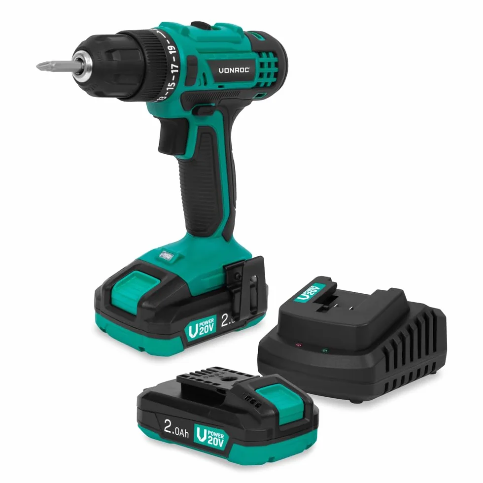 VONROC Wiertarko-Wkrętarka Akumulatorowa 20V 25Nm Zestaw 2x 2.0Ah + Ładowarka 2 Biegi 19+1 Ustawień LED Uchwyt 10mm Do Wiercenia i Wkręcania VPower