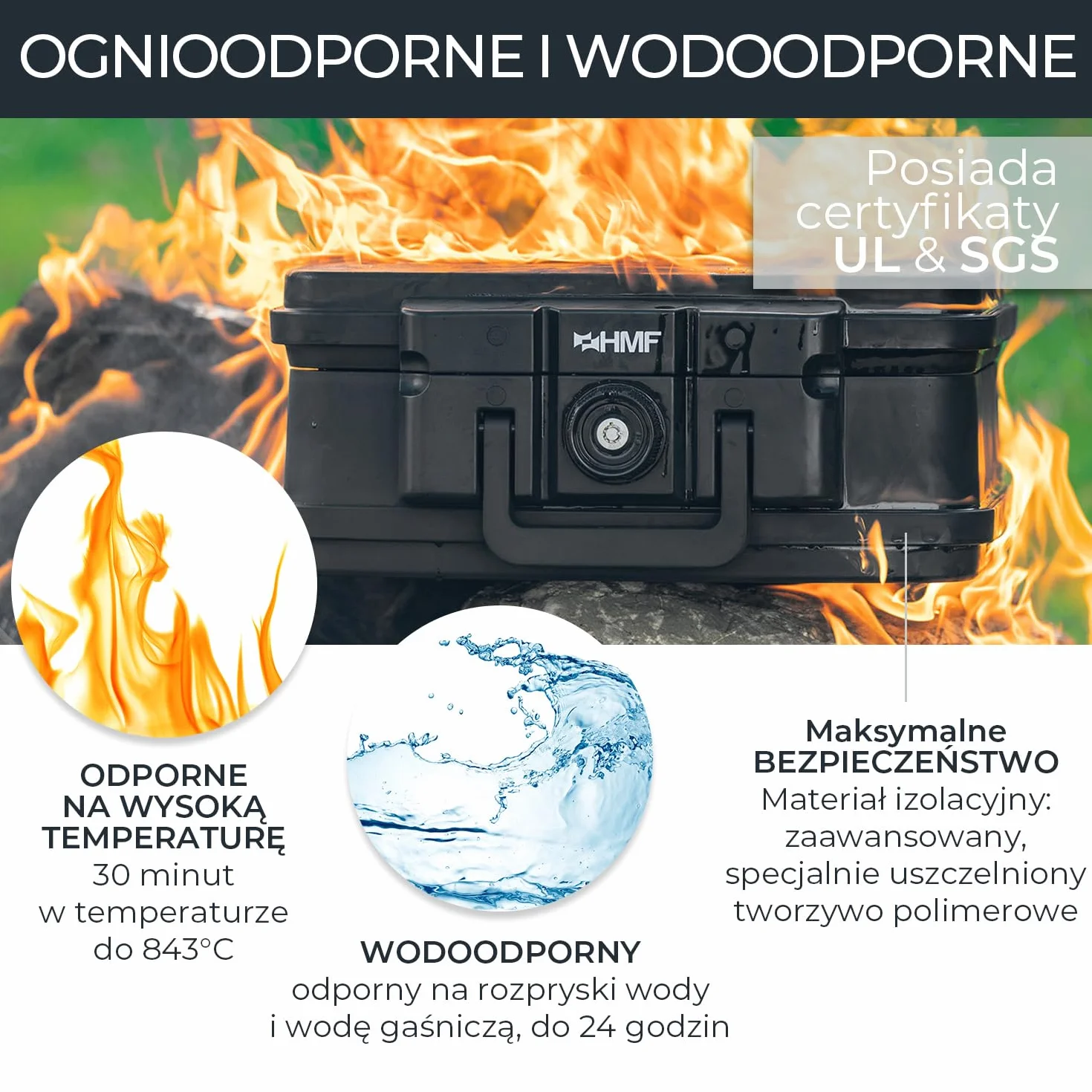 HMF 250453 ognioodporne wodoszczelne pudełko na dokumenty, DIN A4, do wiszących teczek, czarne