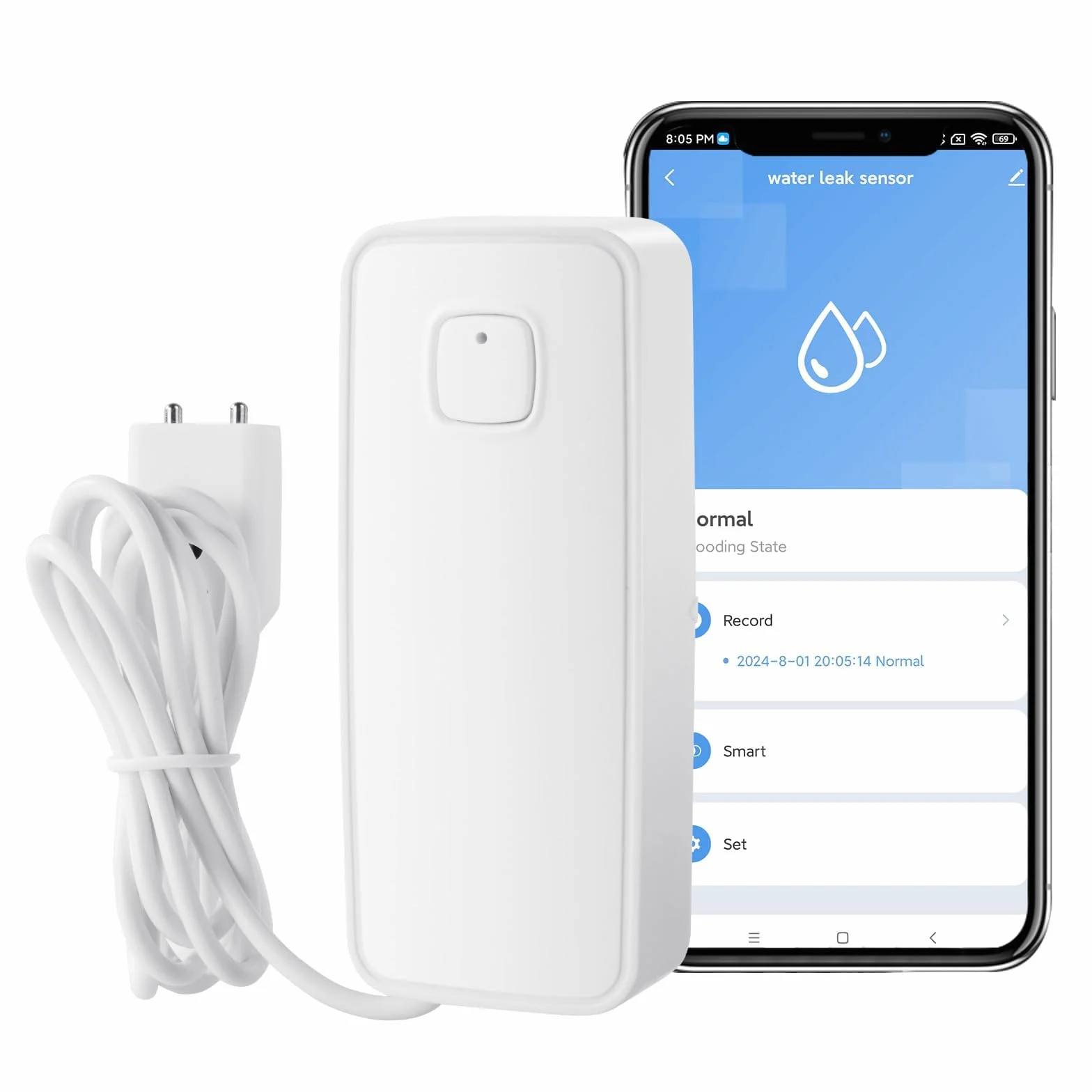 Flintronic Detektor wycieku wody Wi-Fi, inteligentny czujnik wycieku wody, alarm wody 80 dB z kablem wykrywającym 1 m, zdalne monitorowanie aplikacji, zasilanie baterią AAA, do kuchni, piwnicy,
