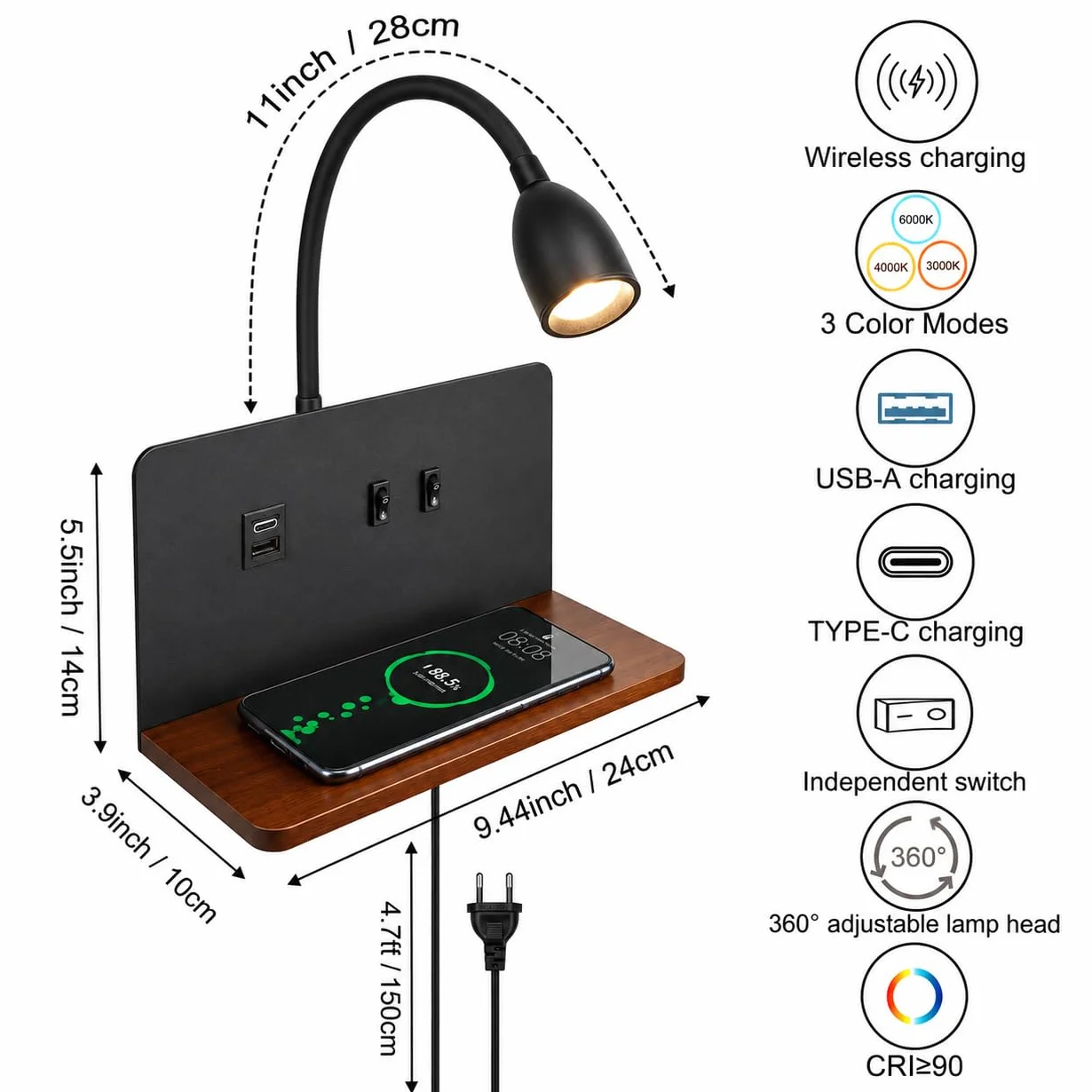 Lampa ścienna LED z wtyczką, portami USB i bezprzewodową ładowarką, regulowana, 3000 K