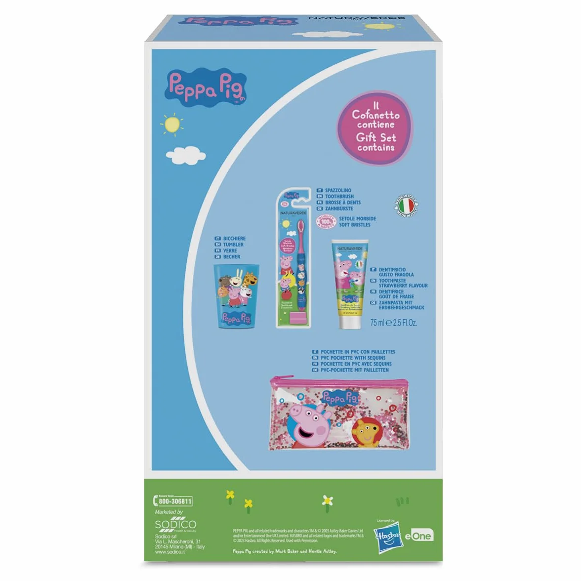 Naturaverde | Peppa Pig Gift Set Oral Care, ręczna szczoteczka do zębów, pasta do zębów dla dzieci smak truskawki 75ml, szklanka i kopertówka brokatowa