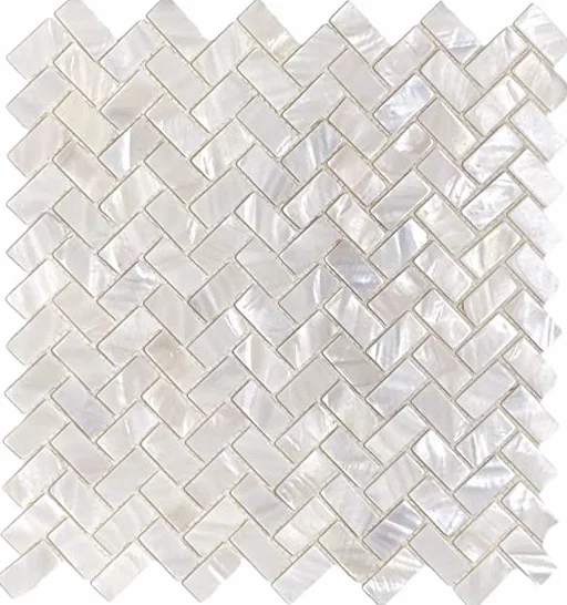 Płytki mozaikowe z prawdziwej masy perłowej z wzorem w jodełkę, do ścian kuchennych, łazienek, spa, basenów (1 sztuka = 0,1 m², białe, 2 mm, siatka)