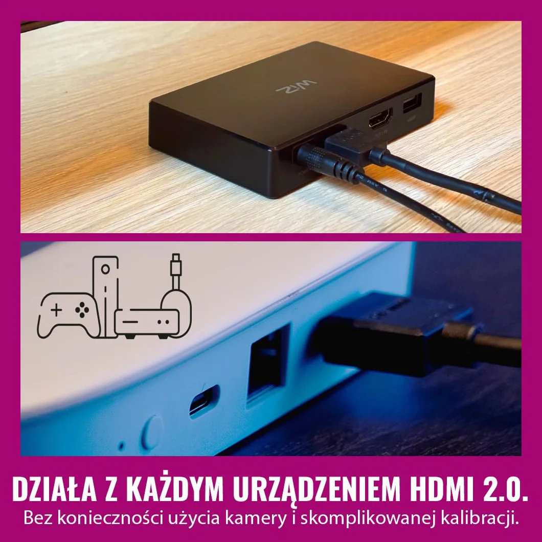 WiZ HDMI Sync Box z taśmą LED do TV, Synchronizuje światło z filmami, HDMI 2.0 Obsługuje 4K przy 60 Hz, Taśma LED RGBIC do telewizorów 55-65 cali, Sterowanie Aplikacją/Głosowe, Działa z Google i Alexą