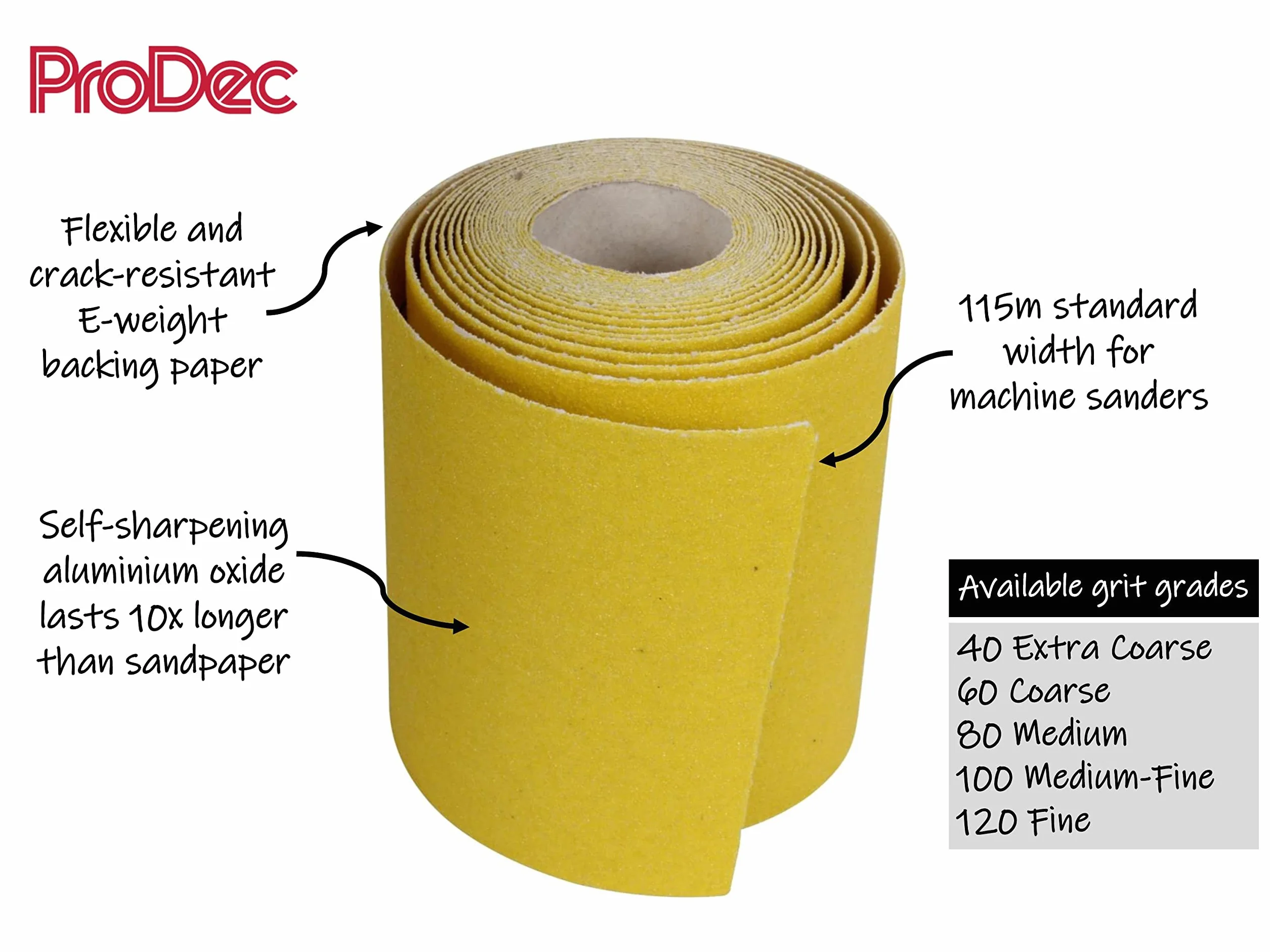 ProDec 5 m rolka 120 g drobnoziarnistego żółtego papieru ściernego z tlenku glinu do szlifowania drewna, farby, tynku, szpachli, metalu i innych materiałów, szerokość 115 mm