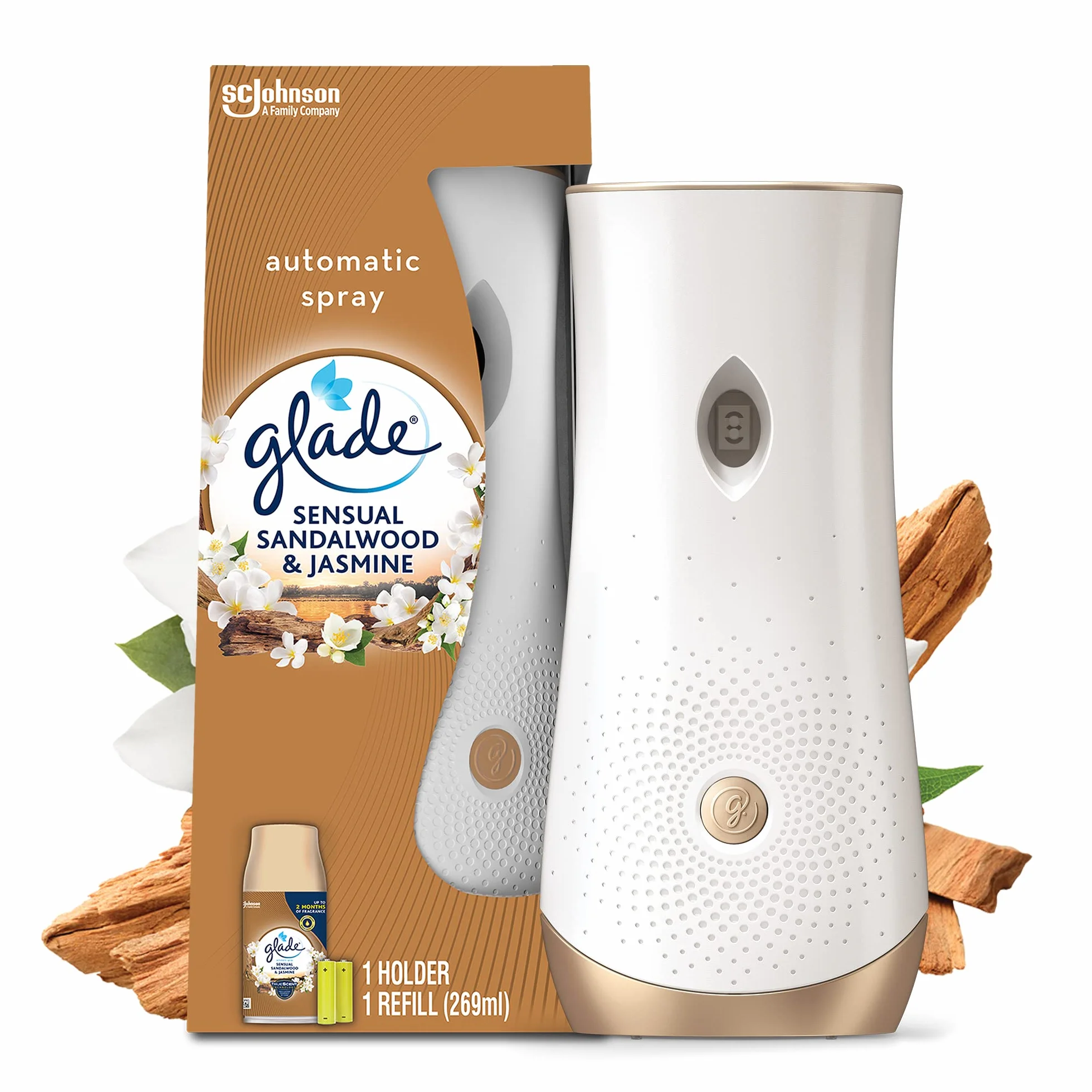 Glade Automatyczny odświeżacz powietrza w sprayu, środek do usuwania zapachów i zapachu do pomieszczeń, zestaw startowy z uchwytem i uzupełnieniem, 269 ml, drewno sandałowe i jaśmin, 1 zestaw startowy
