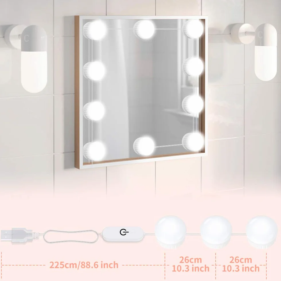 OUSFOT Lampa LED do lustra, styl Hollywood, oświetlenie do makijażu z przełącznikiem, 10 ściemnianych, regulowana długość, zimna biel, opakowanie wielokrotnego użytku (ciepła biel)