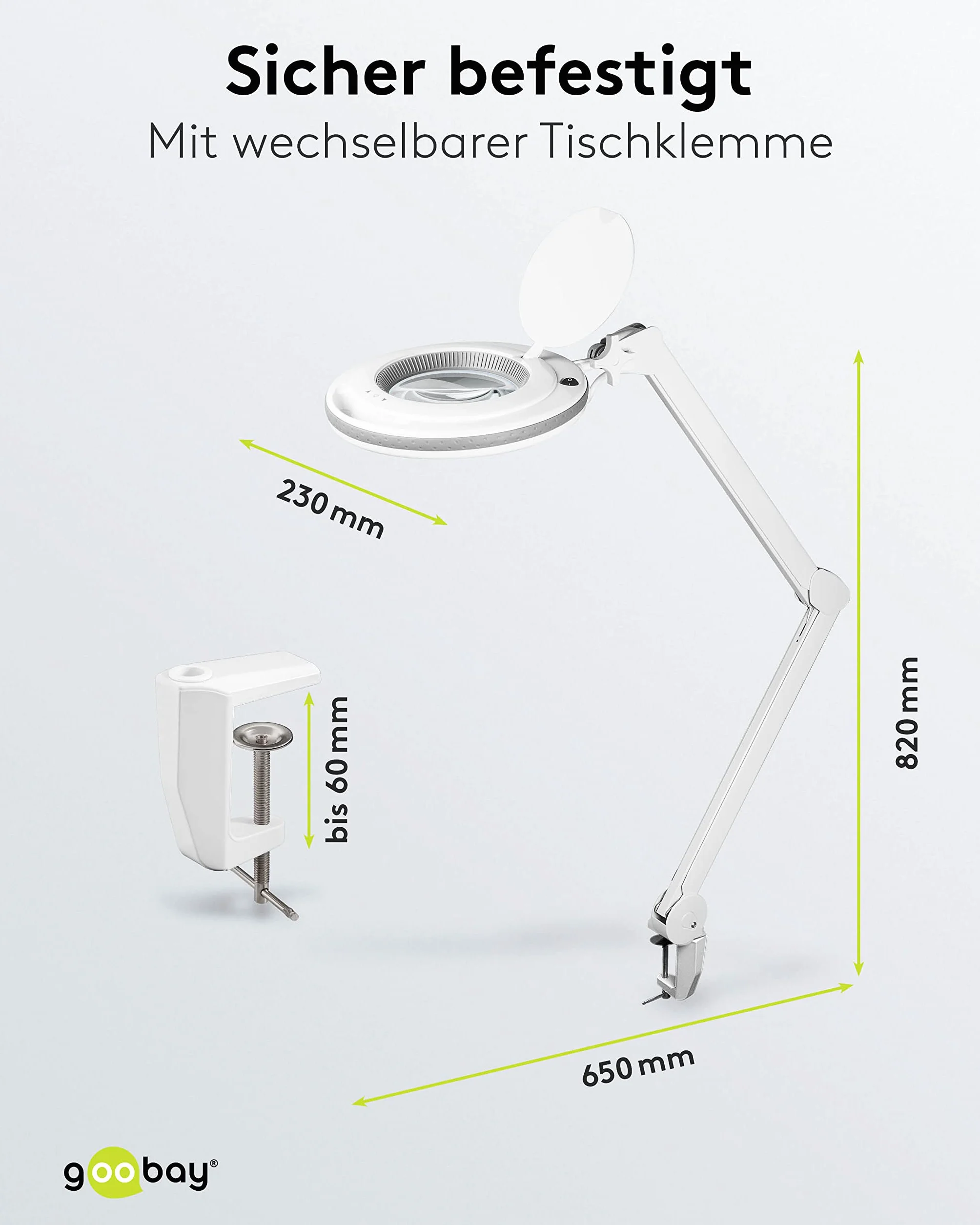 goobay 60362 LED lampa z lupą z zaciskiem/pobór mocy 9 W / 127 mm soczewka ze szkła kryształowego/temperatura barwowa 6400 K/powiększenie 1,75 x/strumień świetlny 83-730 lumenów/biała