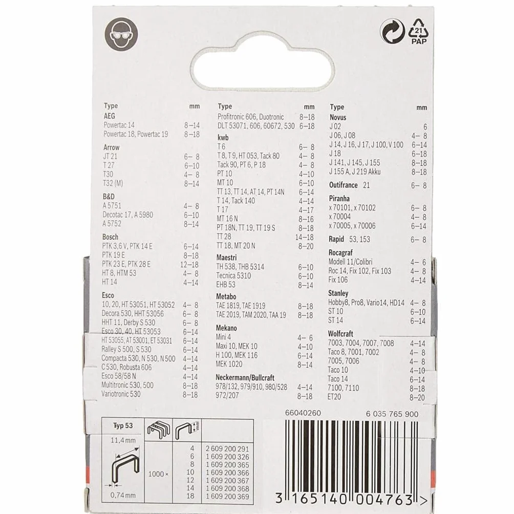 Bosch zszywka cienkożyłowa typu 53 (tekstylia, karton, 11,4 x 0,74 x 8 mm, akcesoria do łączenia)