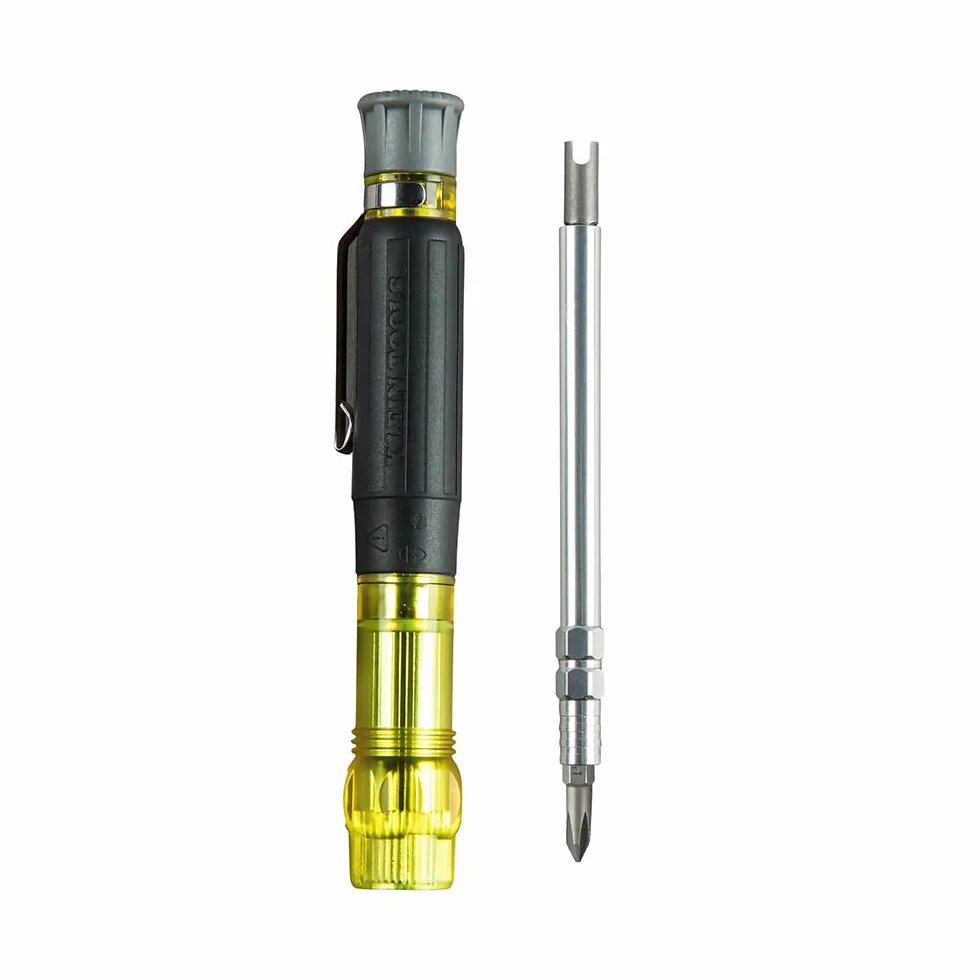Klein Tools 32613 Precyzyjny śrubokręt, precyzyjny śrubokręt kieszonkowy HVAC 3 w 1 z bitem Schradera, żółty/czarny