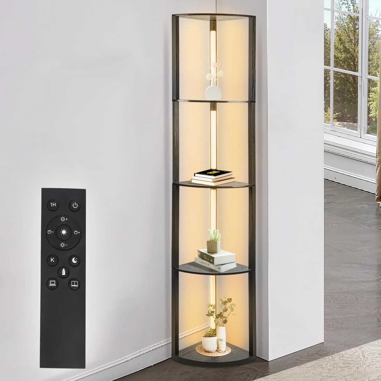 Lampa stojąca obracana o 360° z regałem na książki z diodami LED, witryna narożna, lampa stojąca, 3 temperatury barwowe z RGB, zabezpieczenie przed przewróceniem, przełącznik nożny i pilot