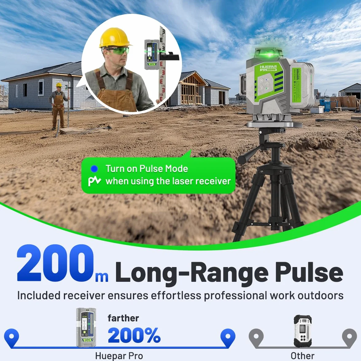 Huepar Pro Samopoziomujący 4 x 360° Zielona poziomica laserowa narzędzie do budownictwa - Wysoka dokładność, 8000mAh akumulator litowo-jonowy, Pilot zdalnego sterowania i twardy pokrowiec