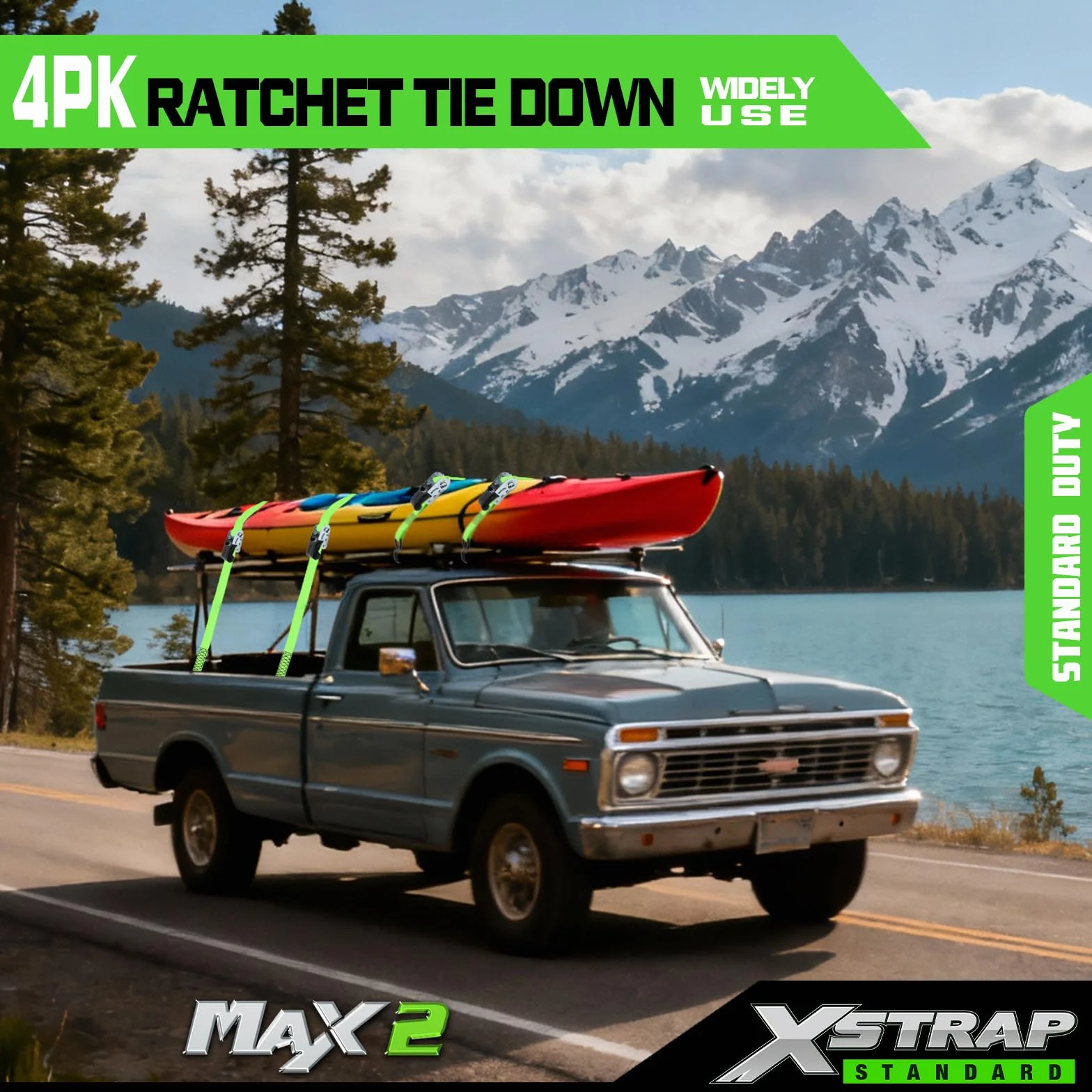 XSTRAP STANDARD Ratchet Tie Down Straps 4Pk 15Ft 1500Lb Break Strength, Cargo Straps for Moving Appliances, Lawn Equipment, Motorcycle, Includes 4 Soft Loops