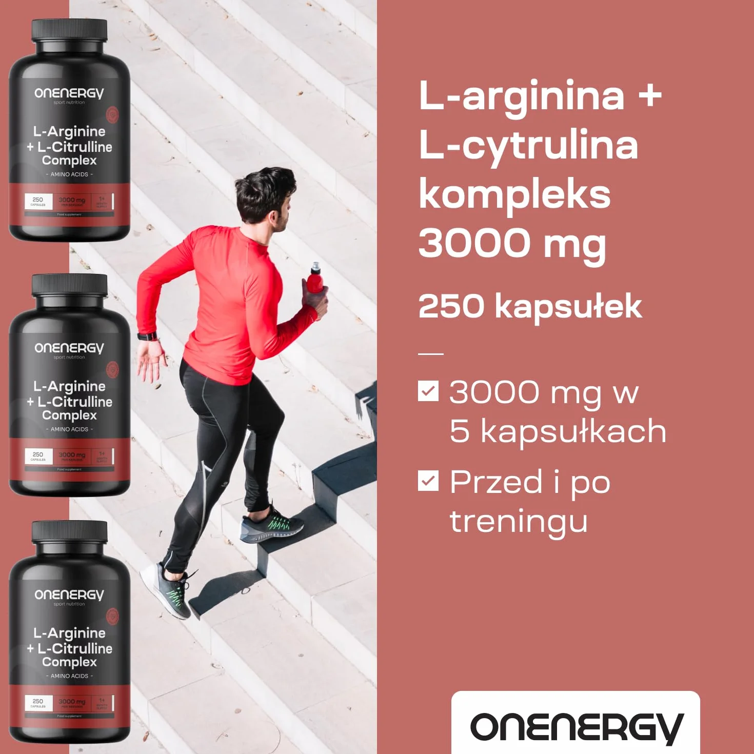 L-arginina + L-cytrulina kompleks 3000 mg od OnEnergy - 250 kapsułek - Wysoka zawartość aminokwasów - Zwiększenie energii - Przyspieszenie regeneracji - Przed i po treningu