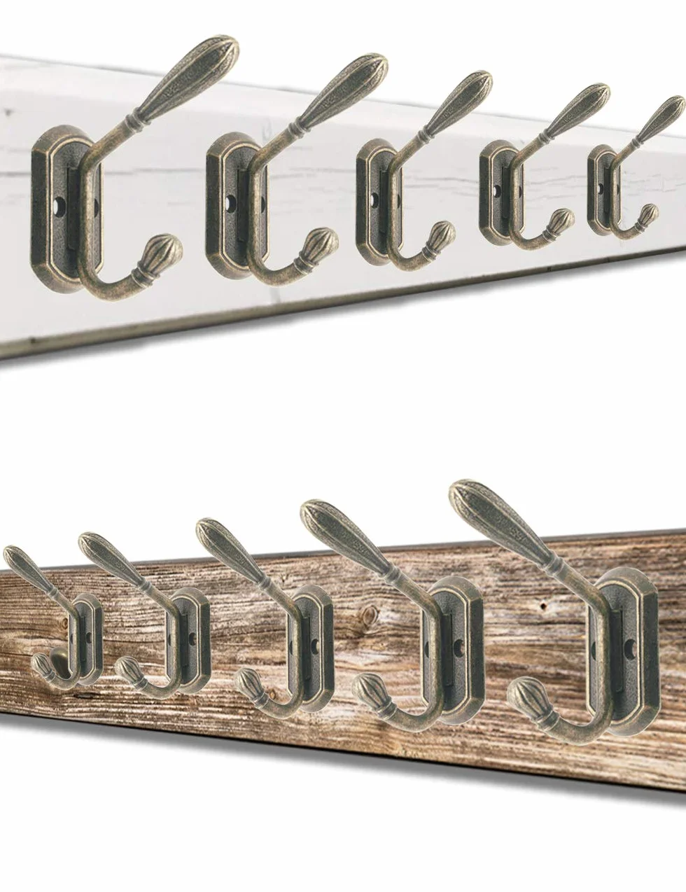 FUXXER® – klasyczne wieszaki na ubrania, podwójne haki, wieszaki na ubrania, żelazne haki, metalowe haczyki, żeliwne wzornictwo, styl vintage, styl dworkowy, 60 x 50 mm, zestaw 5 sztuk, brąz