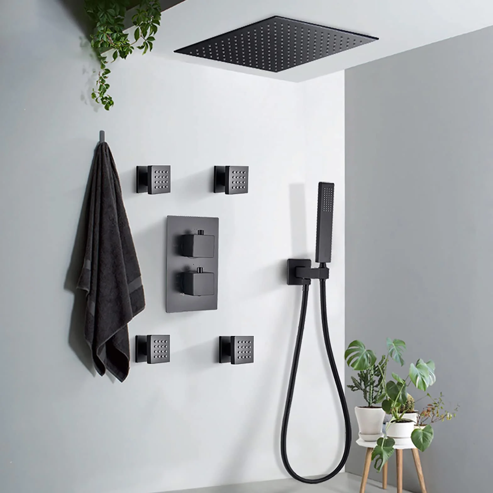 LR Black Rain Shower System Termostatyczny zestaw baterii prysznicowych z 4 dyszami natryskowymi do ciała, montowany na suficie zestaw prysznicowy z mosiężnym mieszaczem deszczowym z głowicą