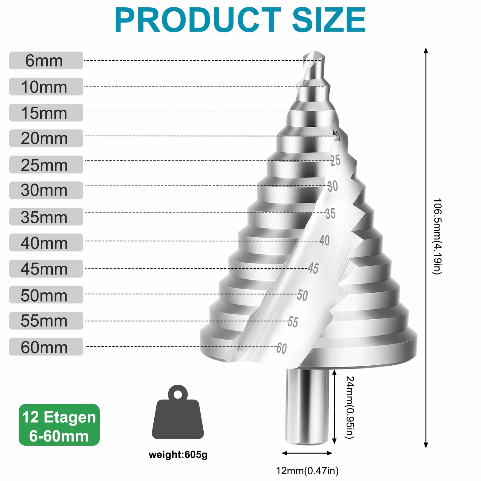 HSS wiertło stopniowe 6-60 mm, wiertło do obierania z 12-stopniowym wiertłem stożkowym, precyzyjne wiertło z rowkiem spiralnym, 13 mm trzpień wiertło stopniowe do metalu, drewna i tworzywa