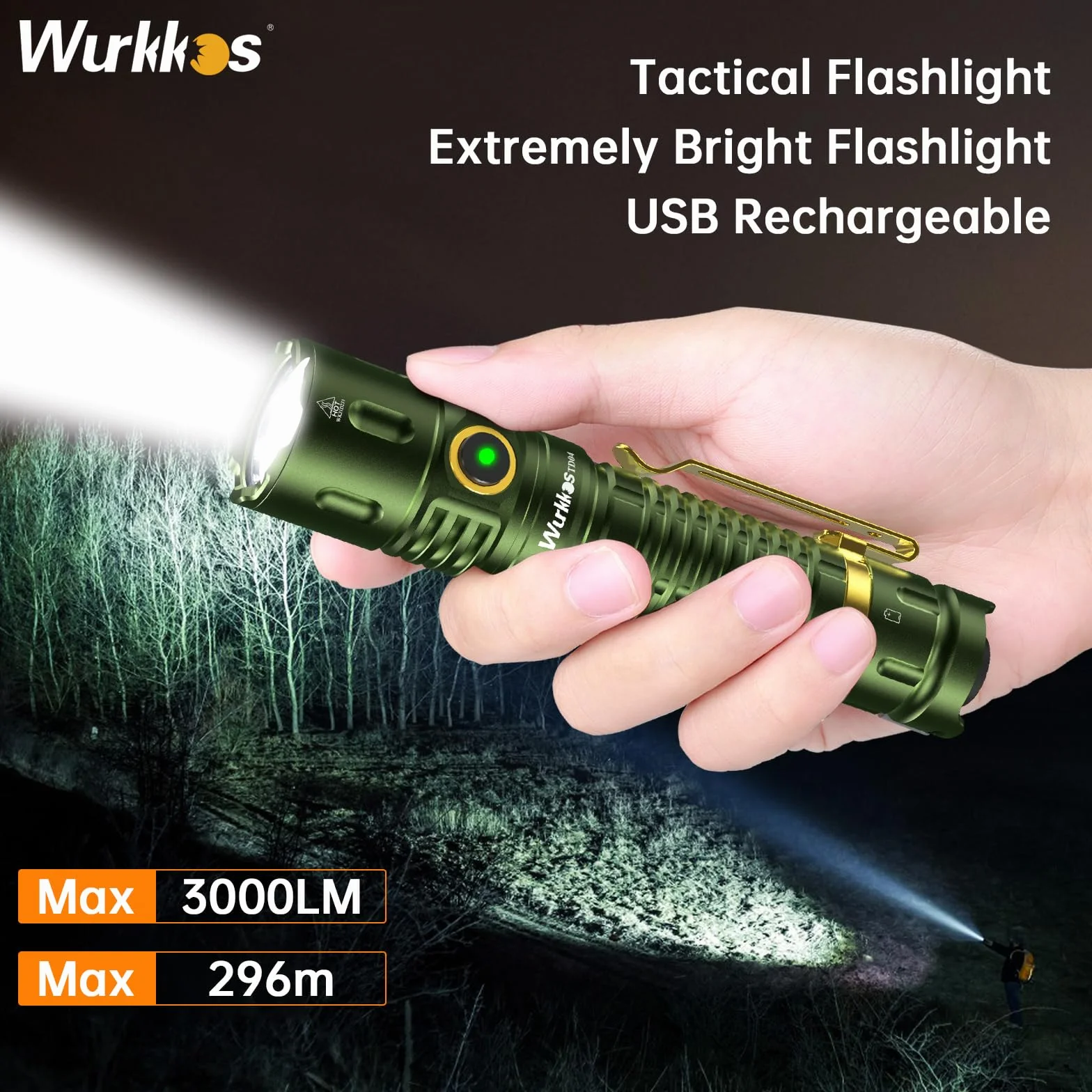Wurkkos TD04 Latarka taktyczna, latarka ręczna do ładowania, 3000 lumenów, super jasna latarka LED z portem ładowania typu C, przełącznik tylny, na kemping, wędrówki, sytuacje awaryjne, wodoodporność