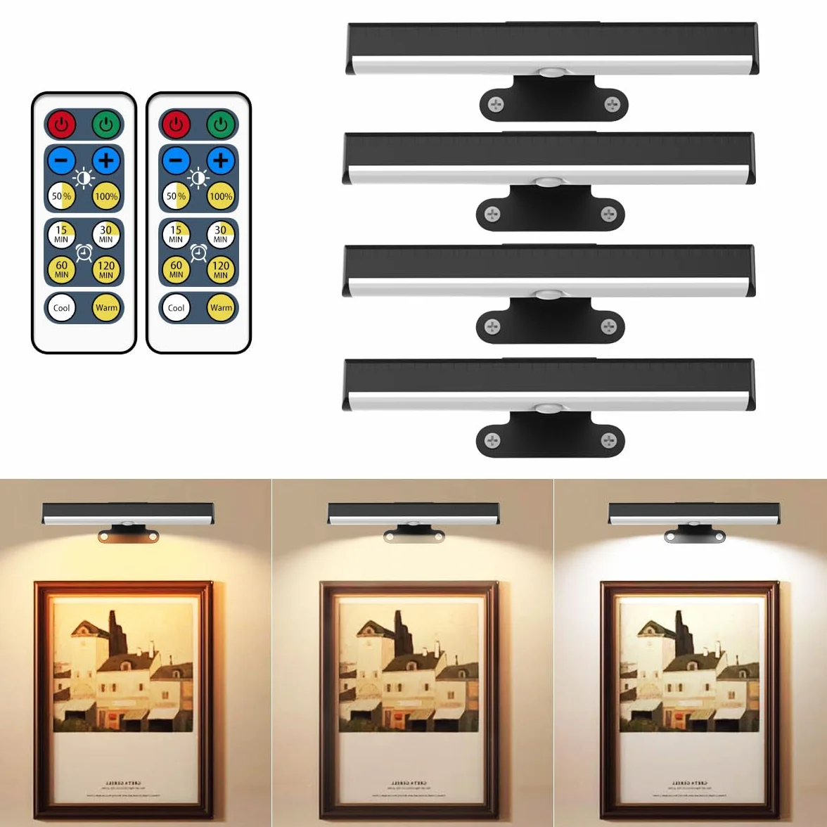 4 x kinkiety LED zasilane bateryjnie do obrazów, bezprzewodowe, ściemnialne, ramka ze zdalnym sterowaniem, 3 światła, magnetyczne światło do dzieł sztuki, portret, dekoracja ścienna