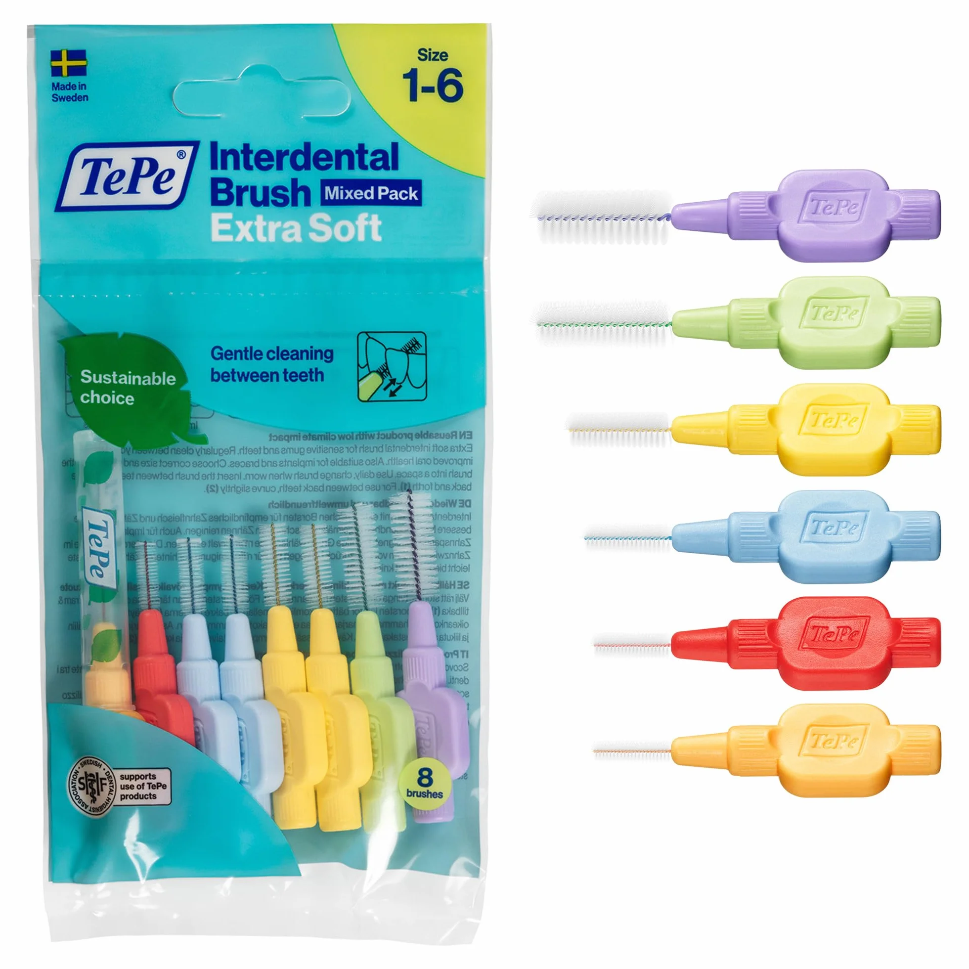 TePe Extra Soft Szczoteczka międzyzębowa, opakowanie mieszane, 0,45–1,1 mm/ISO 1–6, 8 sztuk, usuwanie płytki nazębnej, nici dentystyczne