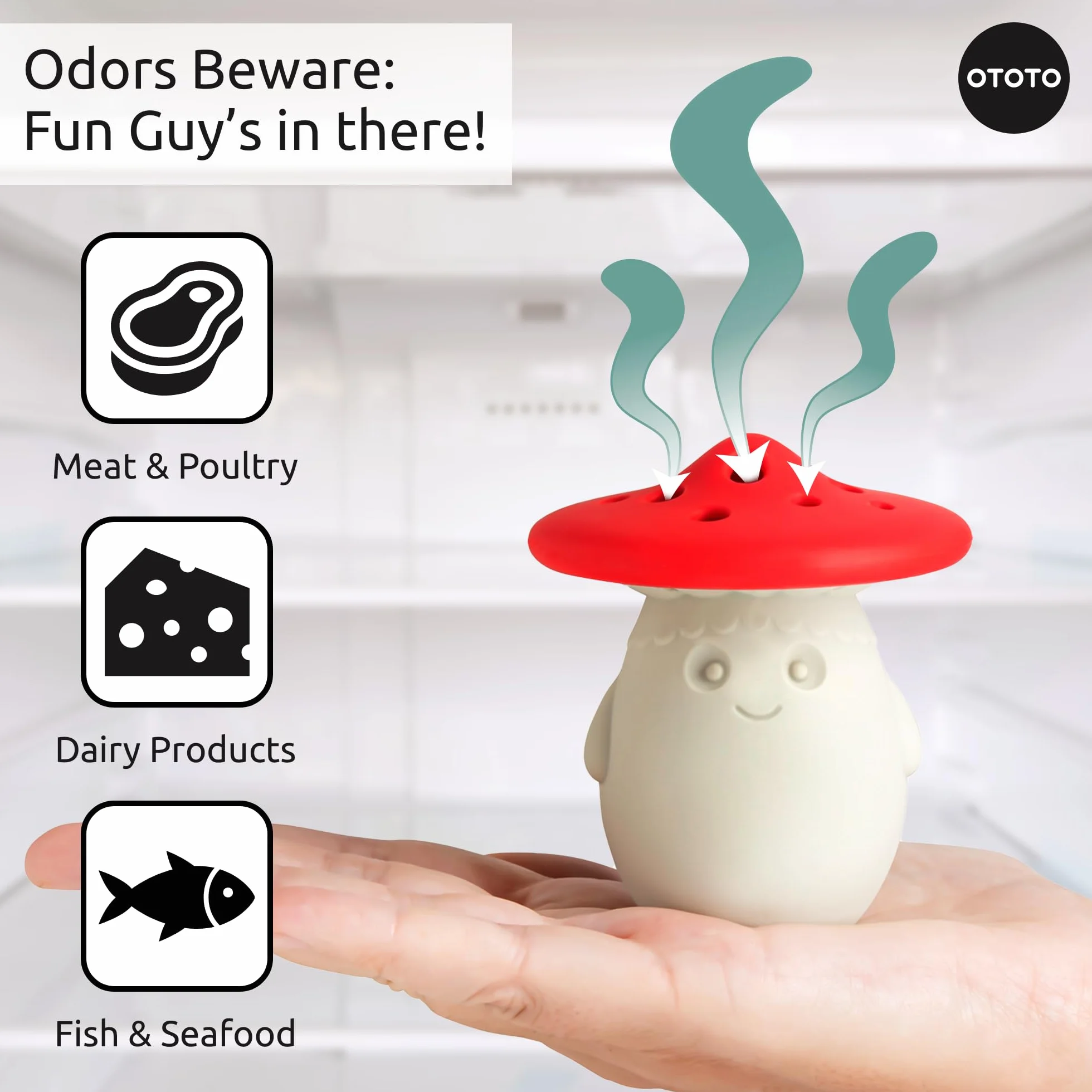 OTOTO Fun Guy Dezodorant do lodówki – eliminator zapachu lodówki klasy spożywczej, nadaje się do mycia w zmywarce i wolny od BPA, uchwyt na dezodorant do sody oczyszczonej, 7 x 7 x 8,6 cm