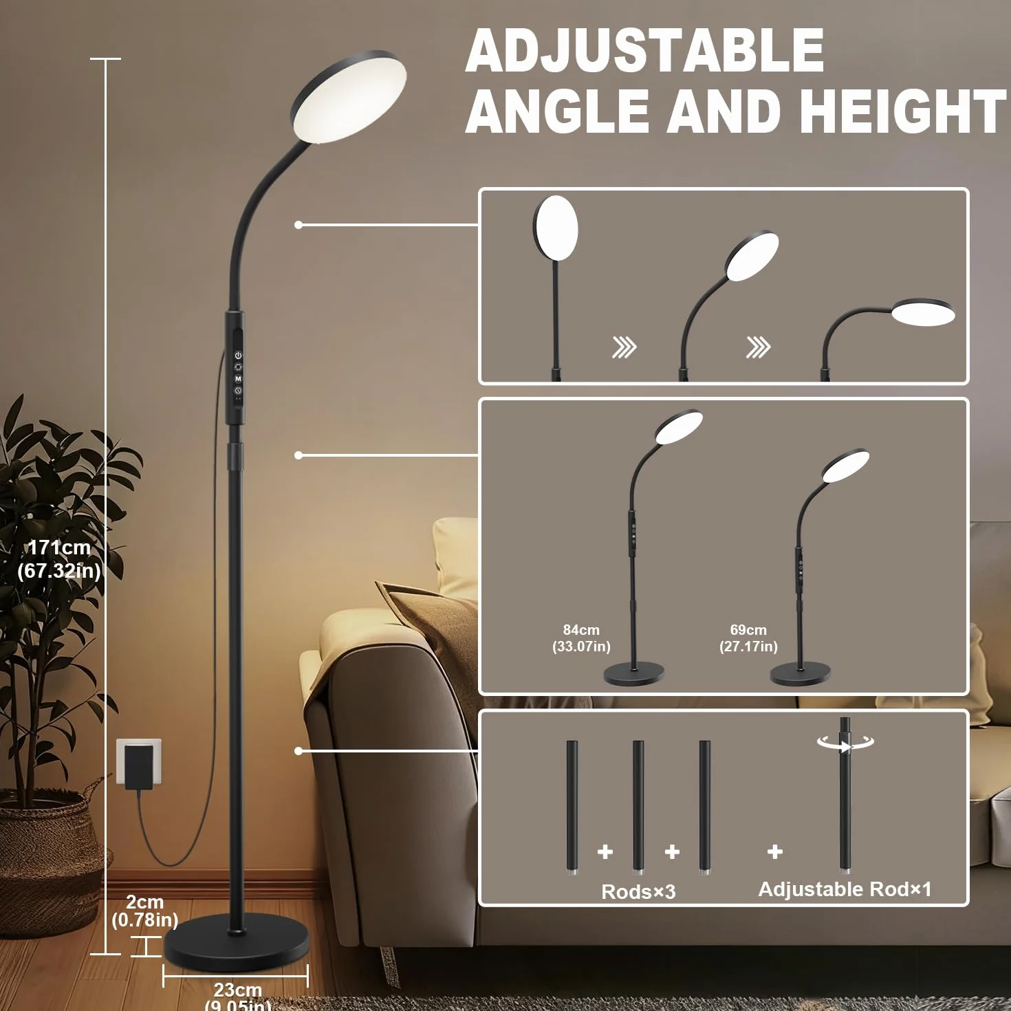 Lampa Podłogowa i Biurkowa 20 000 Lux - Regulowana Wysokość, 5 Kolorów Światła, 10 Poziomów Jasności, Timer, Stabilna Podstawa - Lampa Dzienna do Sypialni, Salonu, Biura