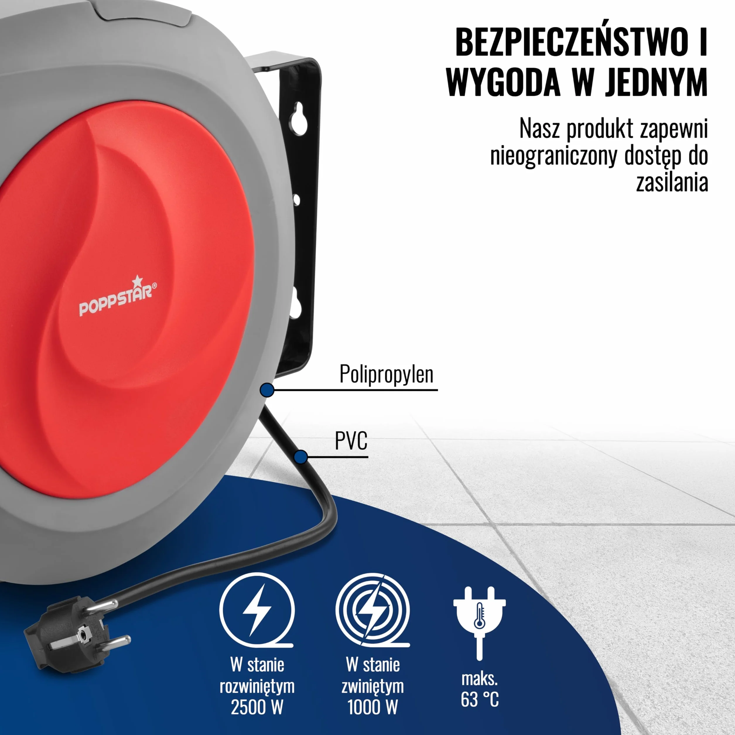 Poppstar kabel zwijany automatycznie na bębnie, dł.kabla: 20 m + 2 m (maks. 2500 W) automatyczny zwijacz kabla IP20, do montażu na ścianie i suficie