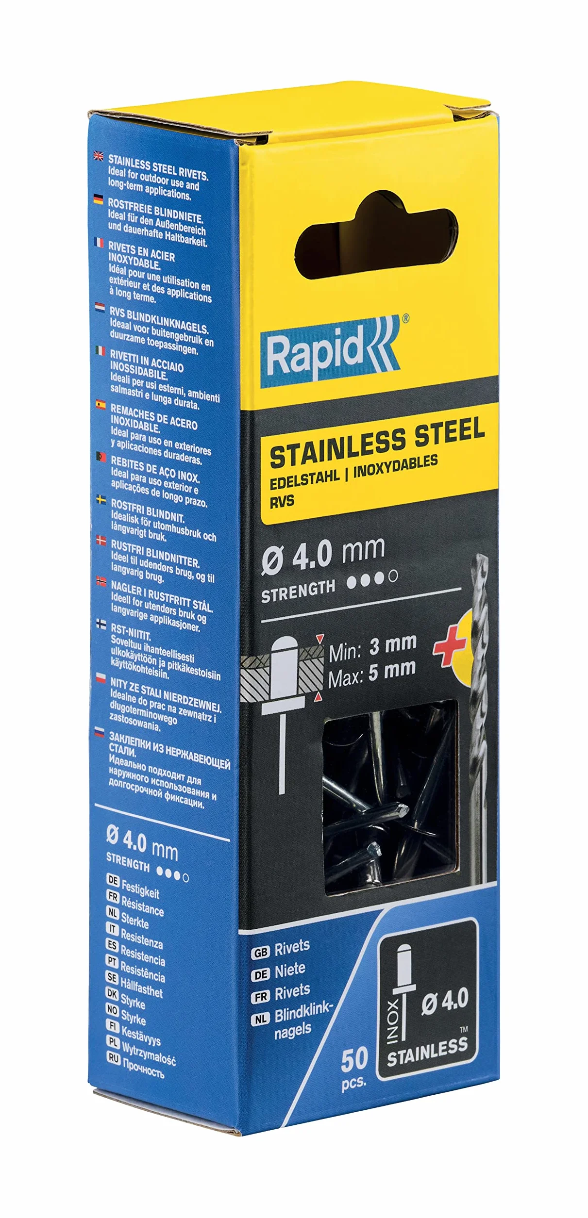 Rapid, Wysokowydajne Nity ze Stali Nierdzewnej Ø4 × 6 mm, do Tablic Rejestracyjnych, Błotników, Pokryć Metalowych i Blach, W Zestawie Wiertło, 50 Sztuk, Pudełko Kartonowe (5001460)