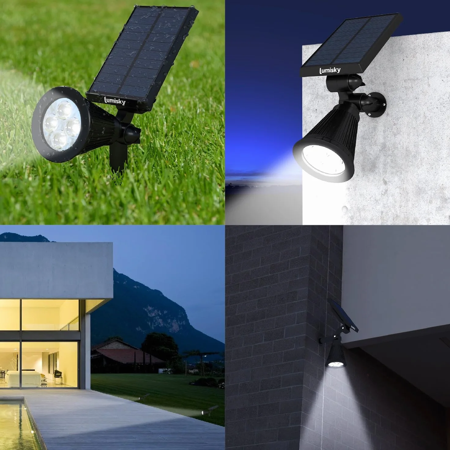 Lumisky Zestaw 4 reflektorów solarnych 2 w 1, do zszywania lub mocowania, mocne ściemnialne oświetlenie LED, białe SPIKY H42 cm