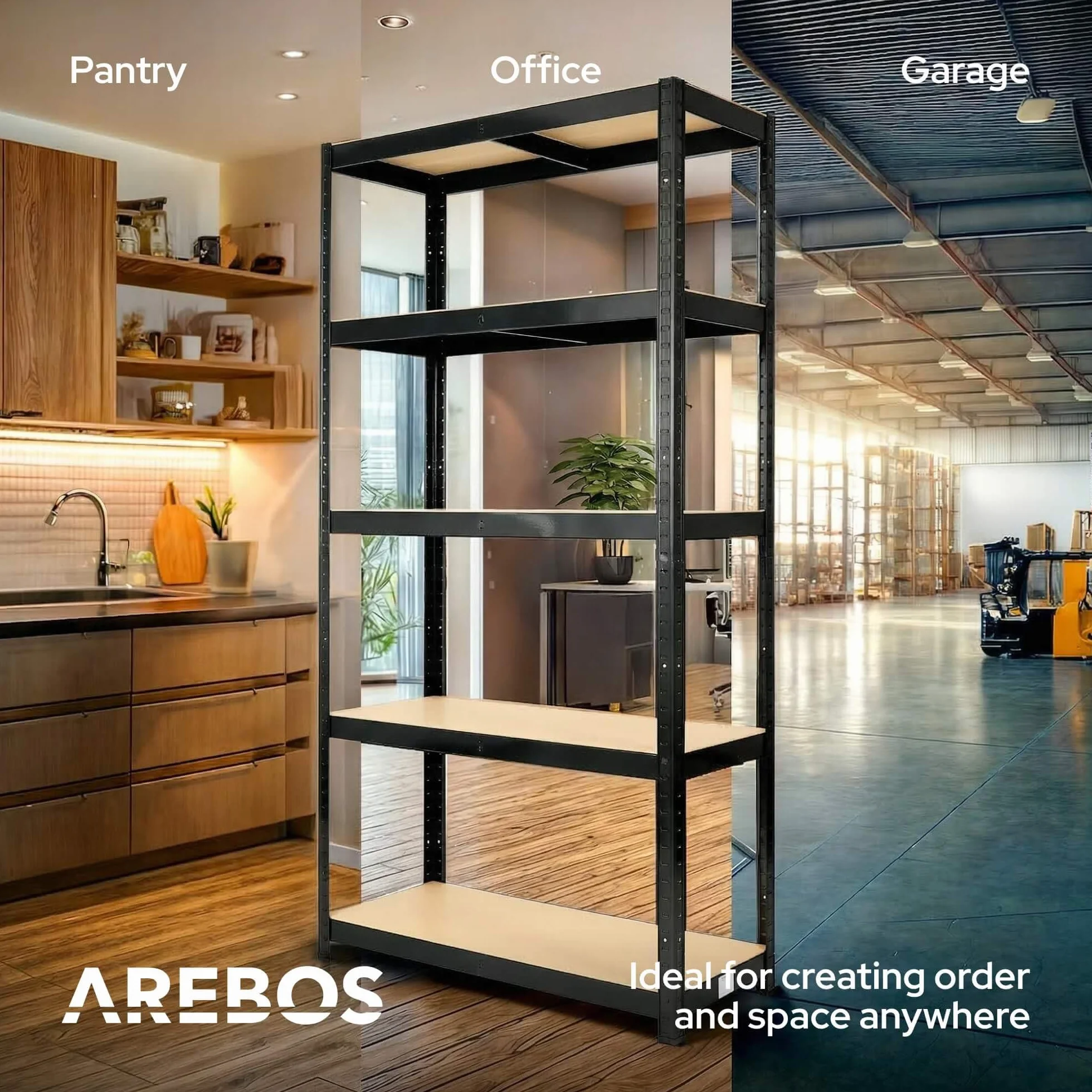 Arebos Regał do dużych obciążeń | 180 x 90 x 40 cm | nośność 875 kg | 0,63 mm | 5 płyt MDF | regał do przechowywania | regał piwny, bezśrubowy | regał warsztatowy | Czarne