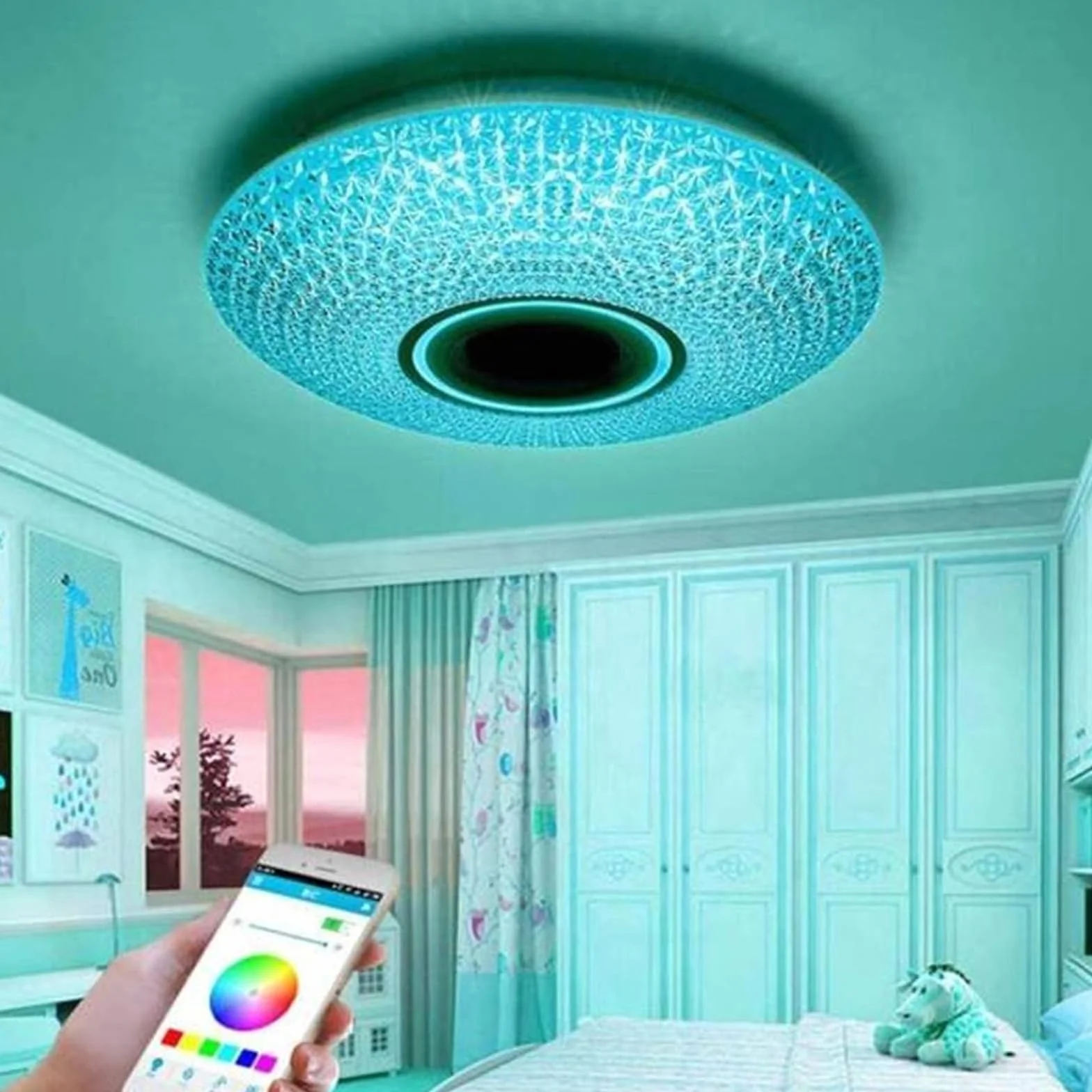 Kryształowa lampa sufitowa LED z pilotem zdalnego sterowania i aplikacją, nowoczesna lampa sufitowa RGB z 3 głośnikami Bluetooth, sypialnia, salon, łazienka, wodoodporny klosz z gwiaździstym niebem