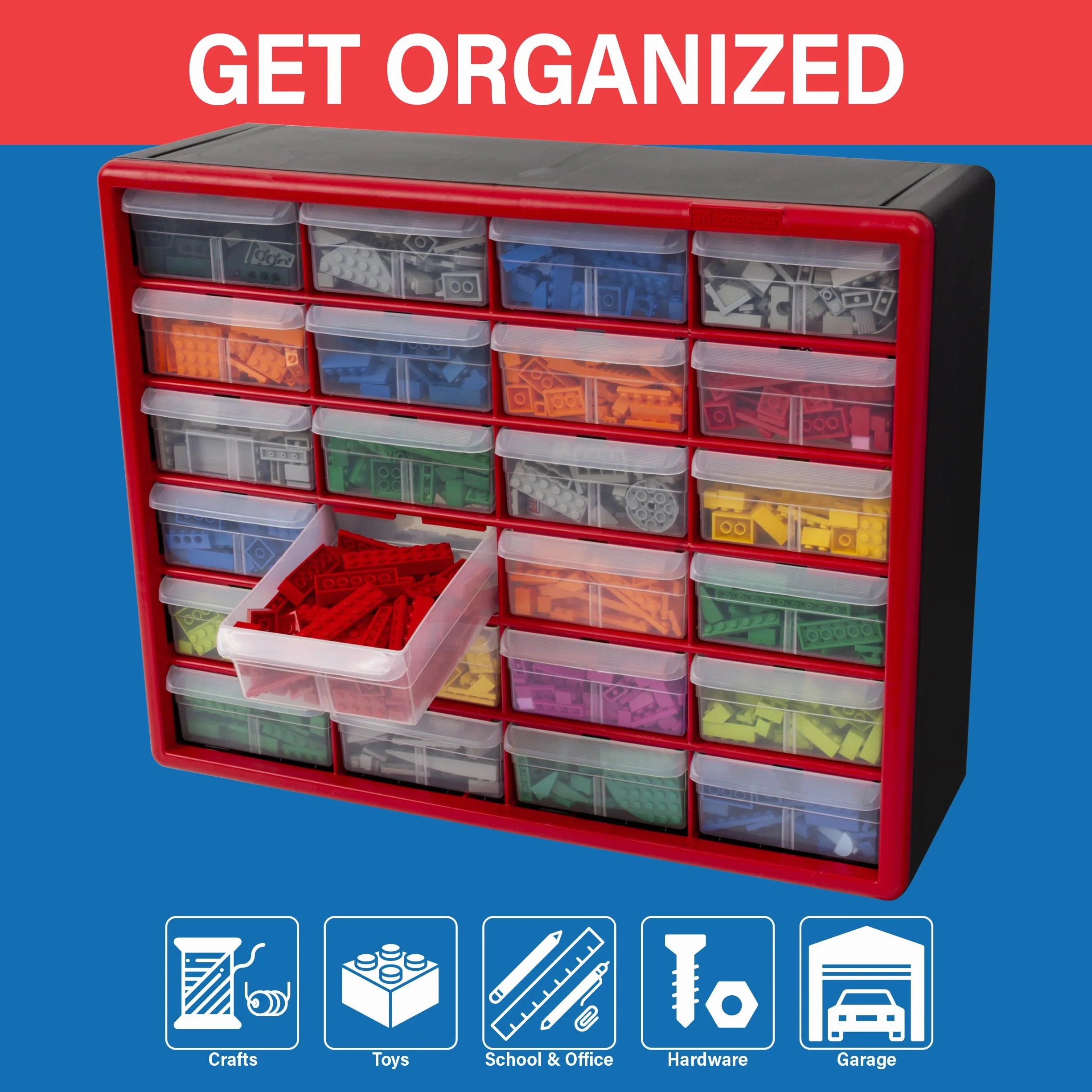 Akro-Mils 10124 Plastikowa Szafka z 24 Szufladami - Organizator Do Przechowywania, Lego, Narzędzia, Makijaż i Inne, 50 cm Szer. x 15 cm Gł. x 40 cm Wys., Czerwona