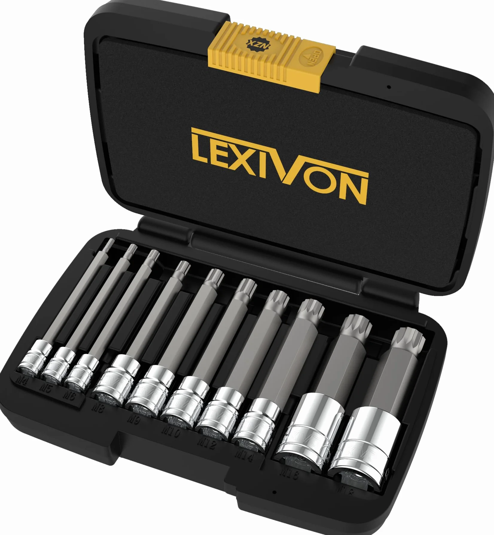 LEXIVON XZN Triple Square Spline Bit Socket Set, Extra Long 4-Inch | 10-Piece European Style M4 - M18, Premium S2 Alloy Steel | Enhanced Storage Case (LX-145L)