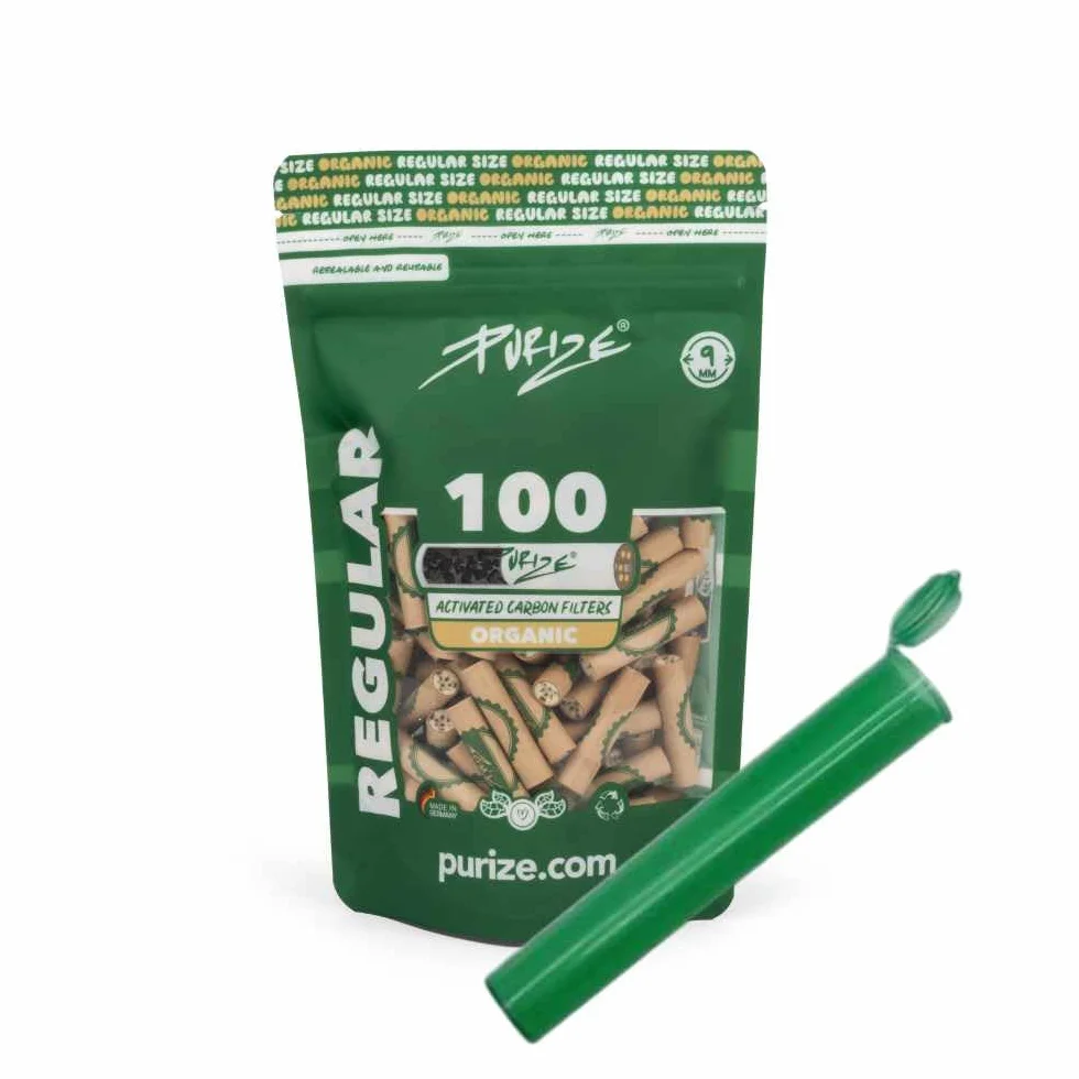 PURIZE 9 mm filtr z węglem aktywnym w regularnym rozmiarze, łącznie z tubą i naklejką, ilość i kolor do wyboru (50 x – 420 x) (Organic, 100)