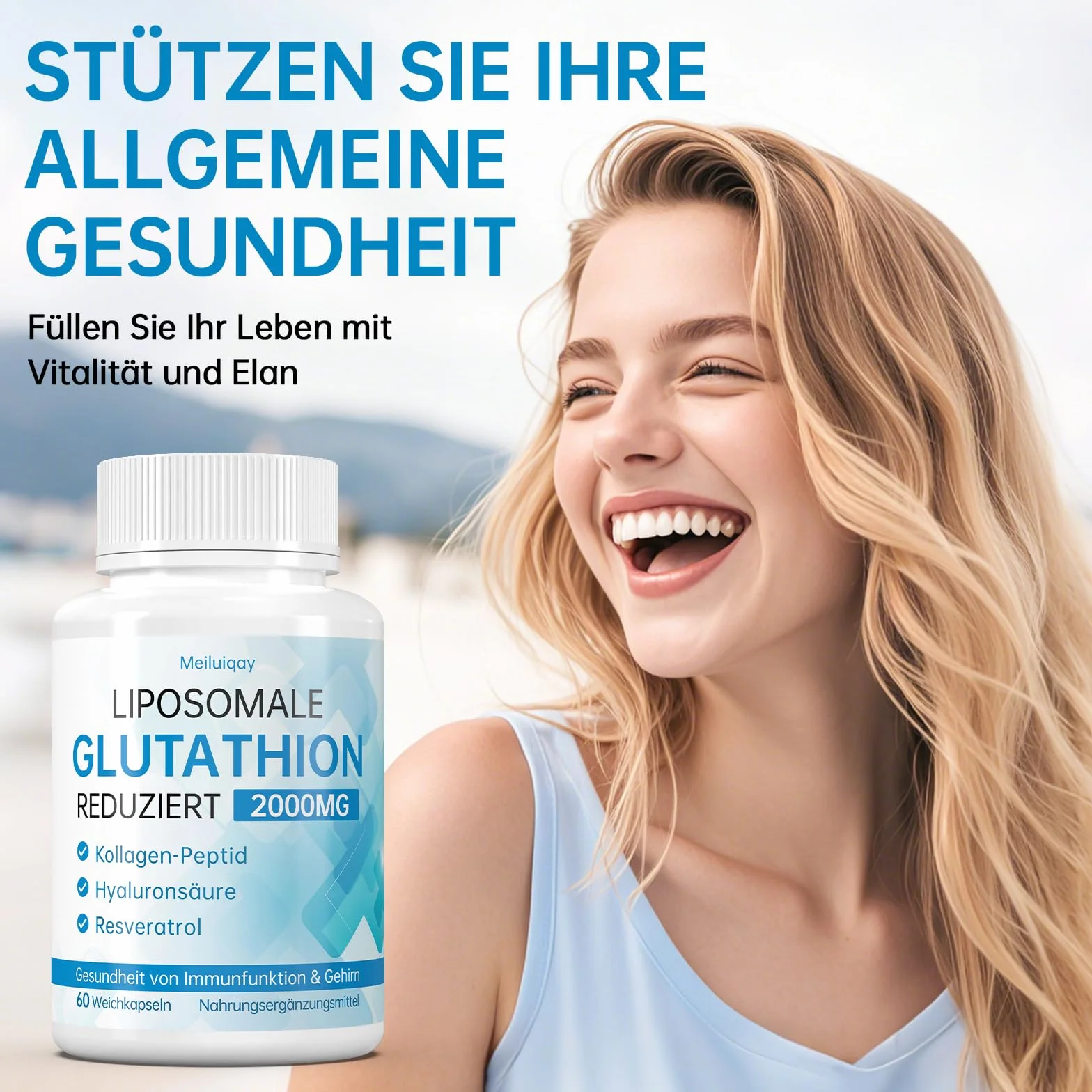 Liposomales Glutathion 2000 mg mit Hyaluronsäure, Kollagenpeptid & Resveratrol, 60 Stück