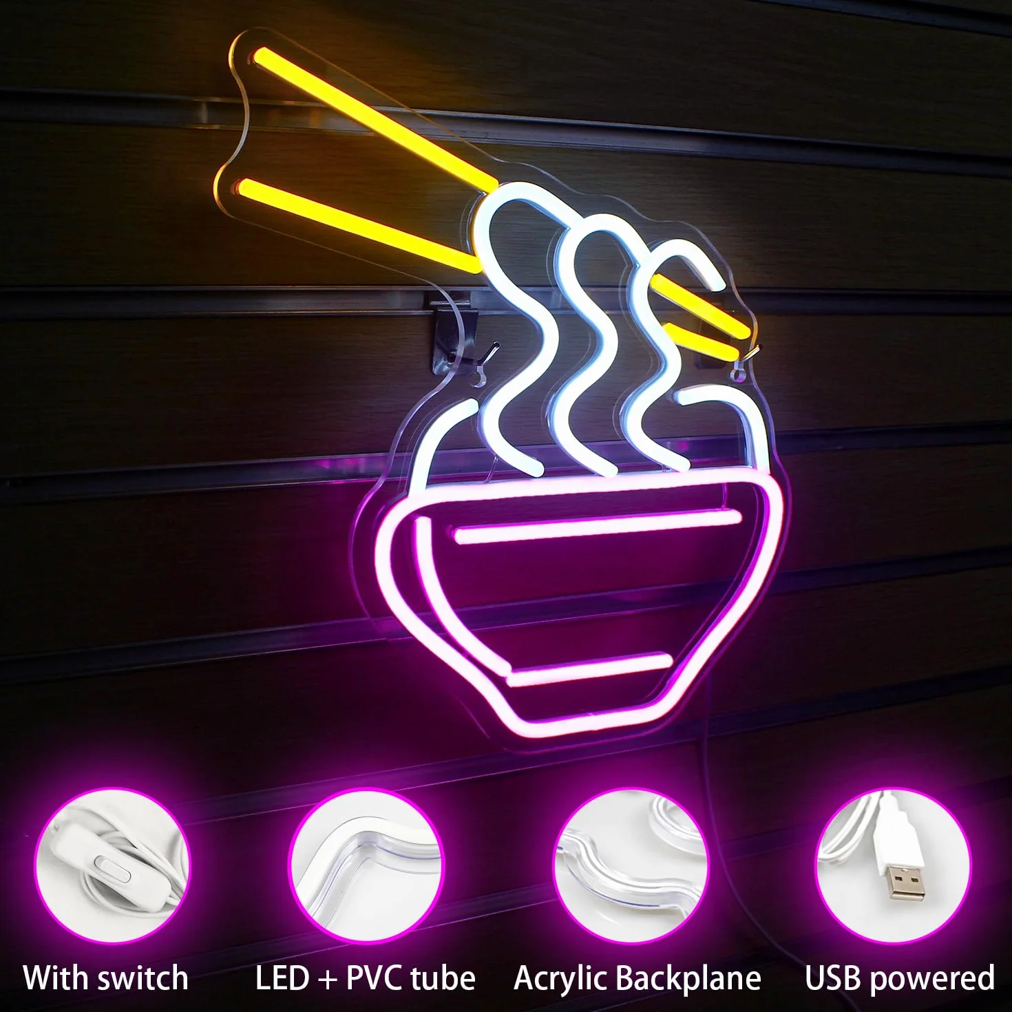 Horseneon Ramen neonowy szyld, różowy kreskówkowy makaron LED, neonowy szyld makaron świecący reklamowy na ścianę, kolorowe neonowe światło do makaronu, restauracji, pubu, domu, klubu, tabliczki