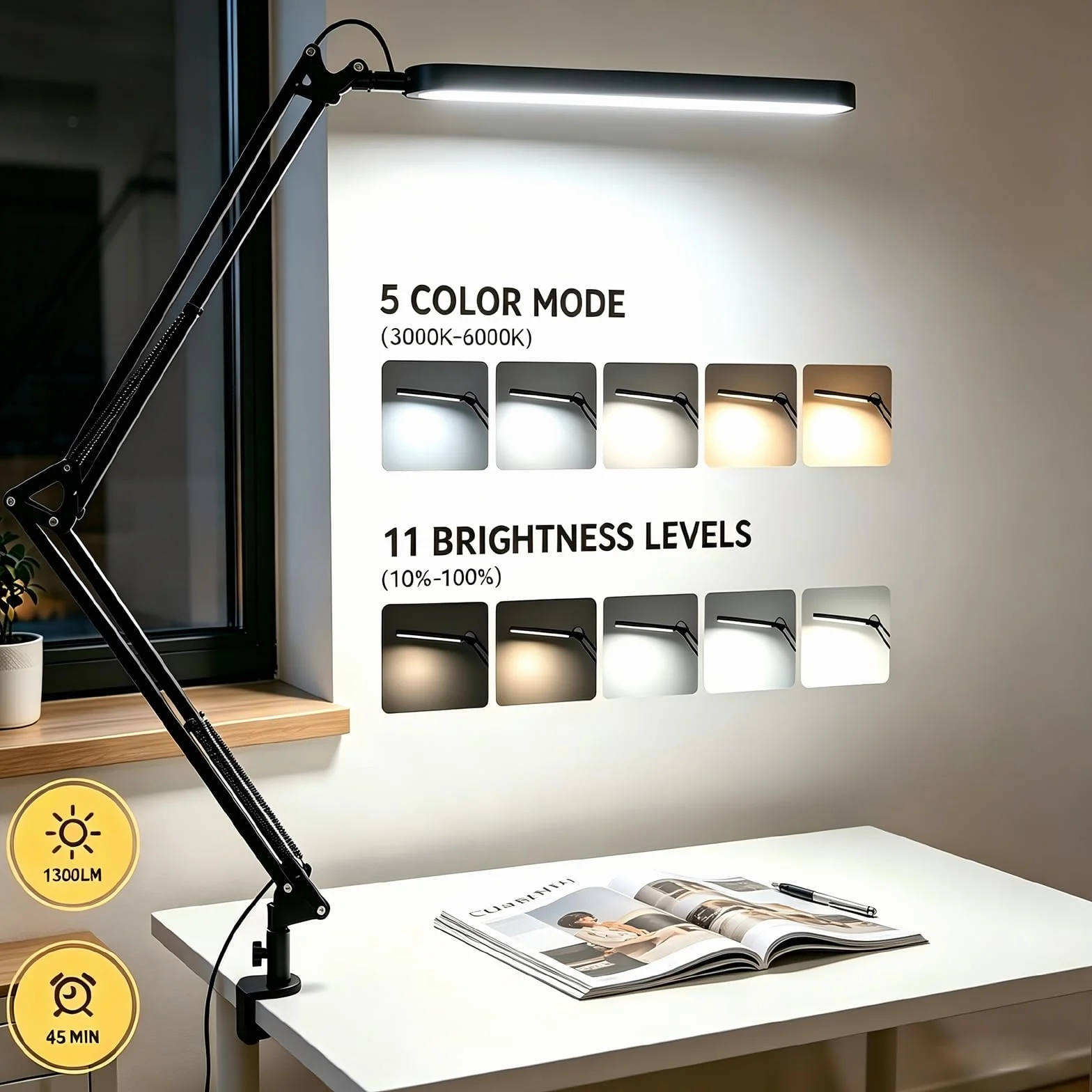 Lampa Biurkowa SKYLEO - LED Lampy na Biurko - 5 Trybów Kolorów X 11 Poziomów Jasności - Regulowane Ramię Obrotowe - Timer i Funkcja Pamięci - Lampa Studyjna 12 W - Czarna