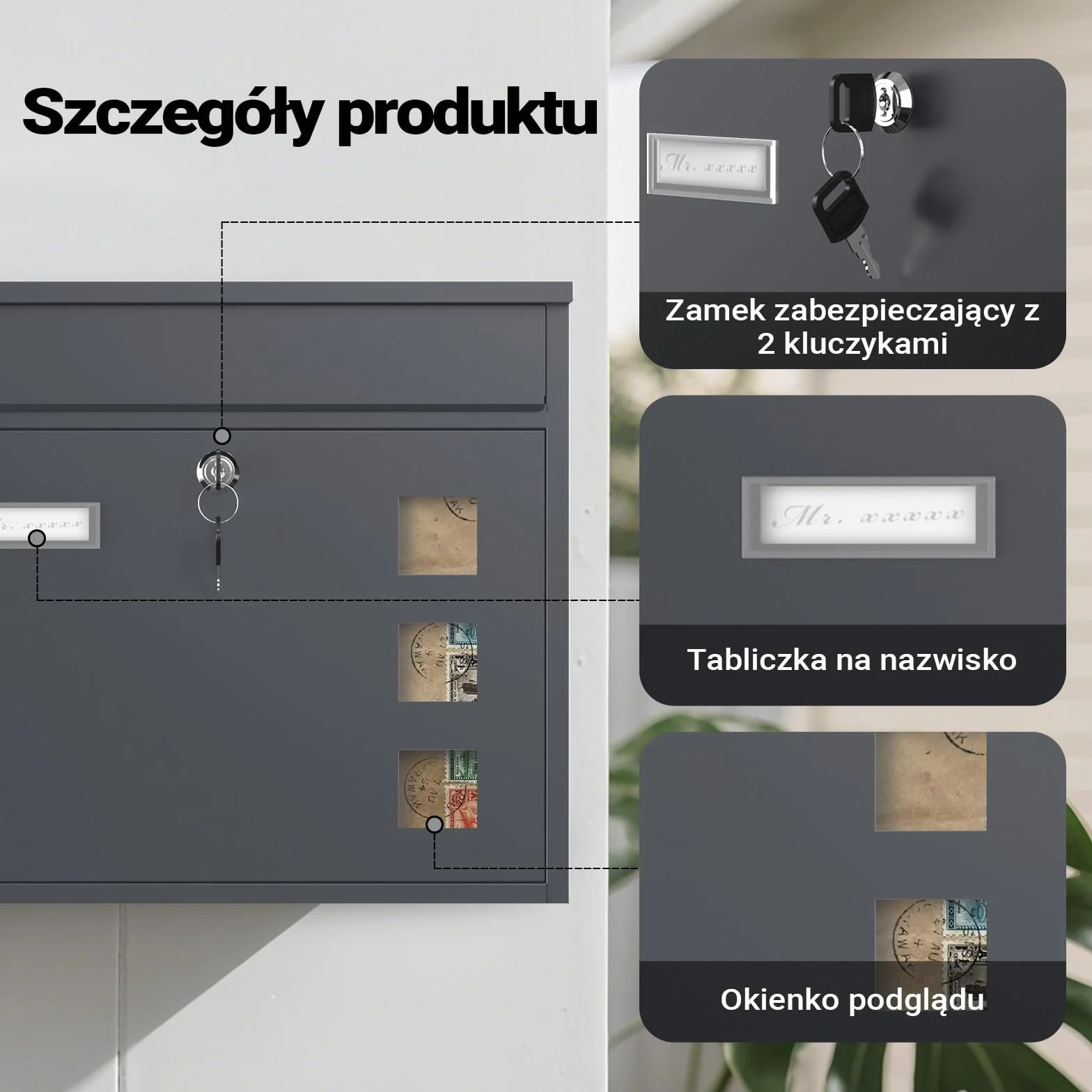 Wiltec Skrzynka na listy antracytowa V12 stalowa z zamkiem i wizjerem, nowoczesna skrzynka pocztowa do montażu na ścianę, malowana proszkowo