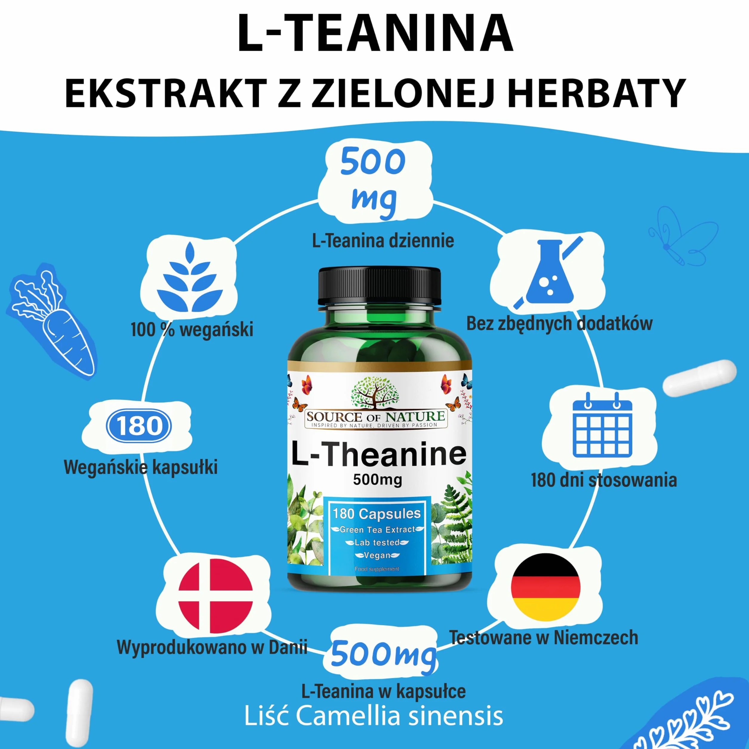 L-Teanina 500 mg – 180 Wegańskich Kapsułek – Wysoka Dawka Aminokwasu z Zielonej Herbaty | 6-Miesięczny Zapas | 98% Czystości, Bez Dodatków | Wyprodukowano w Danii