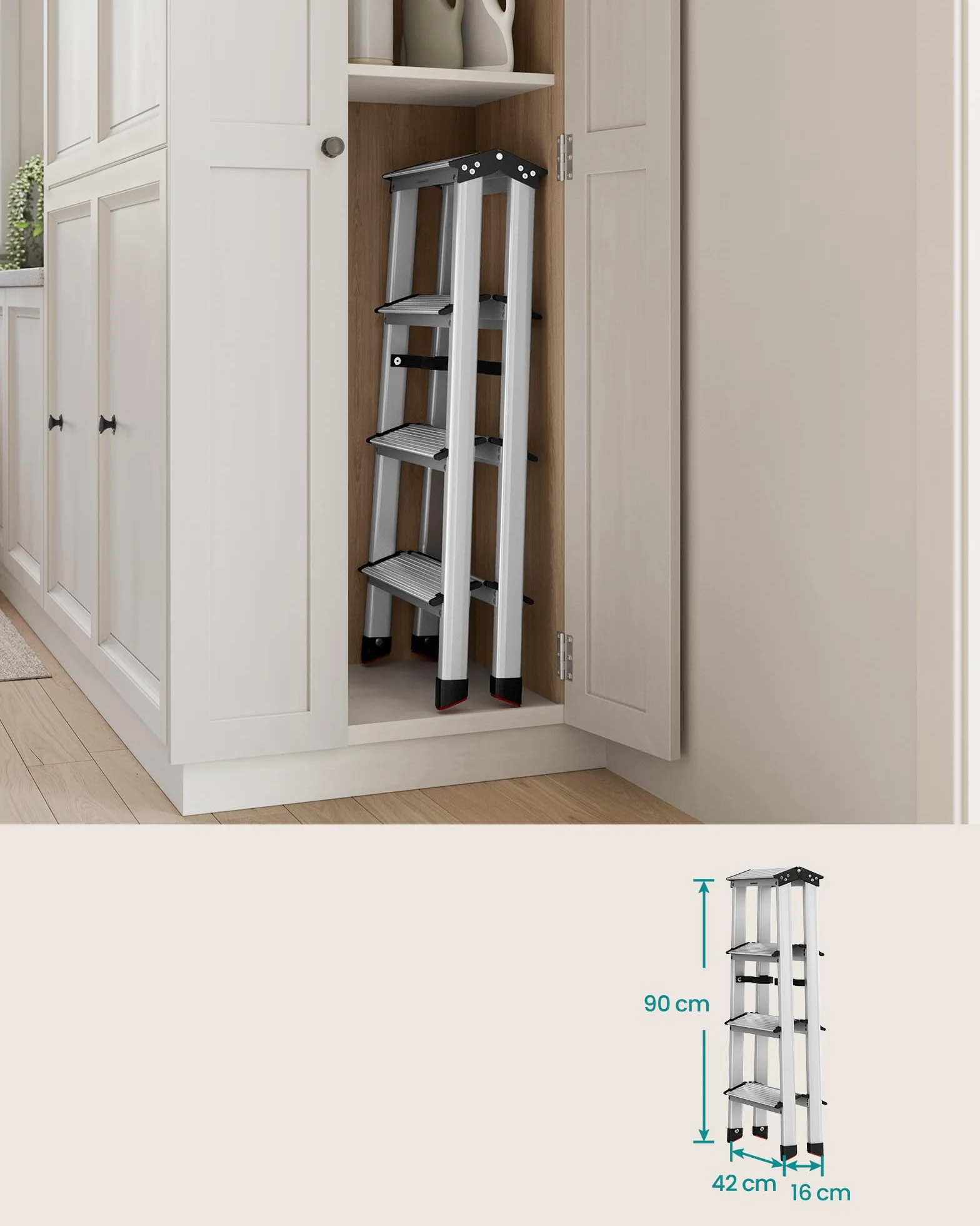 SONGMICS Drabina, schody, drabina aluminiowa z 4 antypoślizgowymi stopniami, składana, schody, drabina wielofunkcyjna, nośność do 150 kg, srebrno-szary atrament czarny GLT014E01