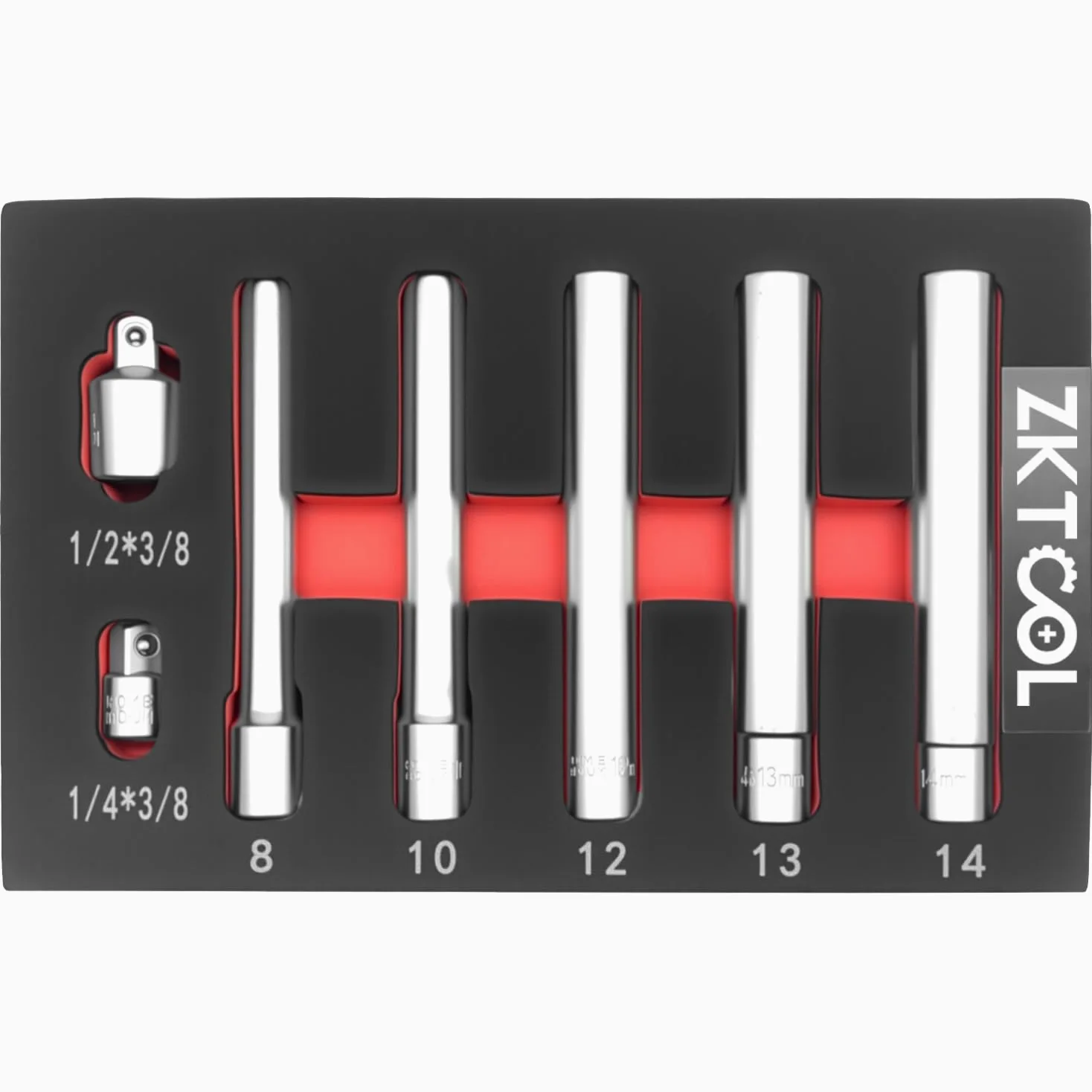 ZKTOOL 7 szt. zestaw nasadek udarowych 3/8 cala, 8 mm, 10 mm, 12 mm, 13 mm, 14 mm, gniazdo sześciokątne, bardzo długie, głębokie 120 mm, z adapterami 1/5.1 cm i 3/20.3 cm