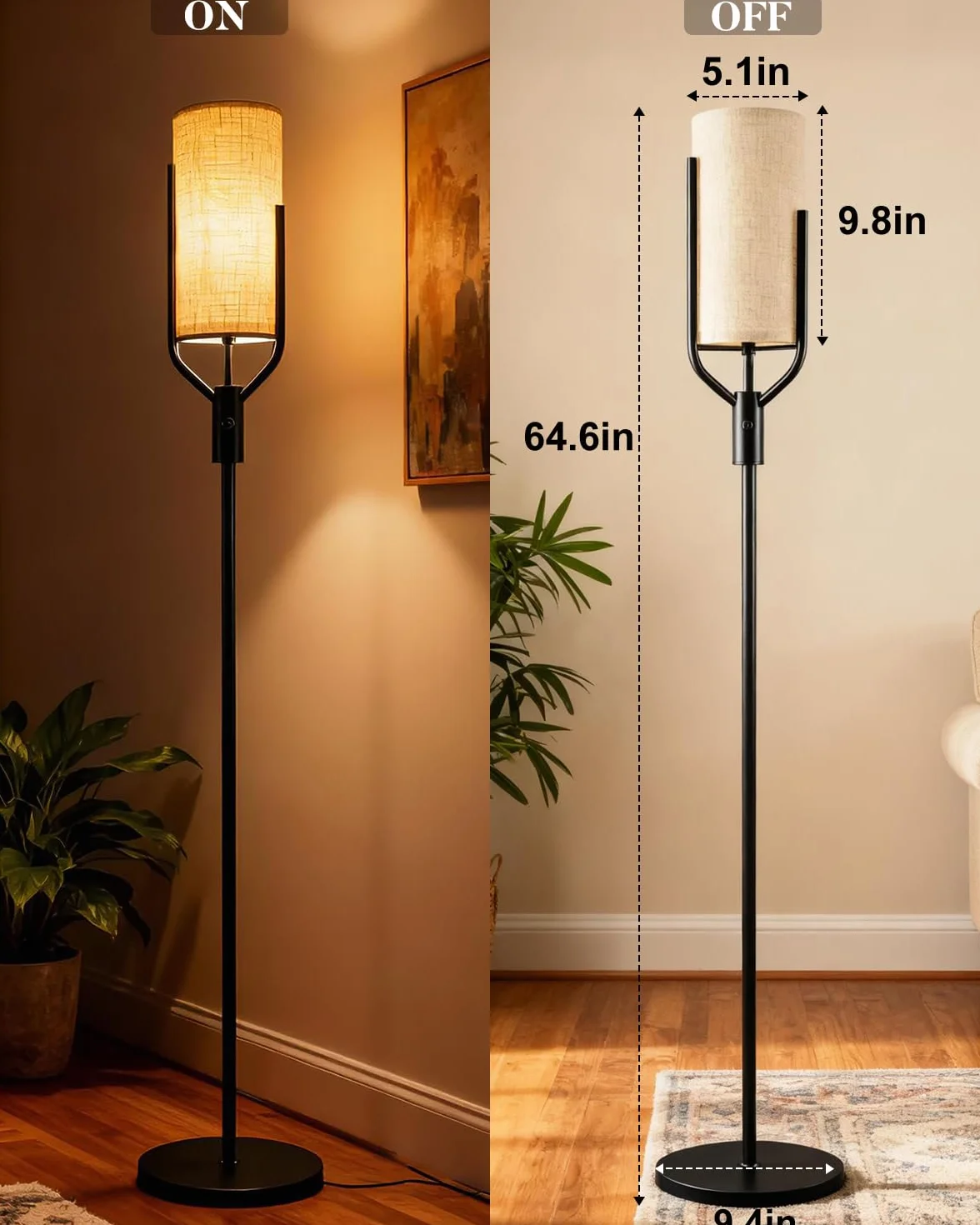 Czarna lampa podłogowa 64,6 cala, ściemniana lampa podłogowa LED z lnianym kloszem, 3000 K, miękka, ciepła biel, żarówki w zestawie, nowoczesna wysoka lampa do salonu, sypialni, na wesele i
