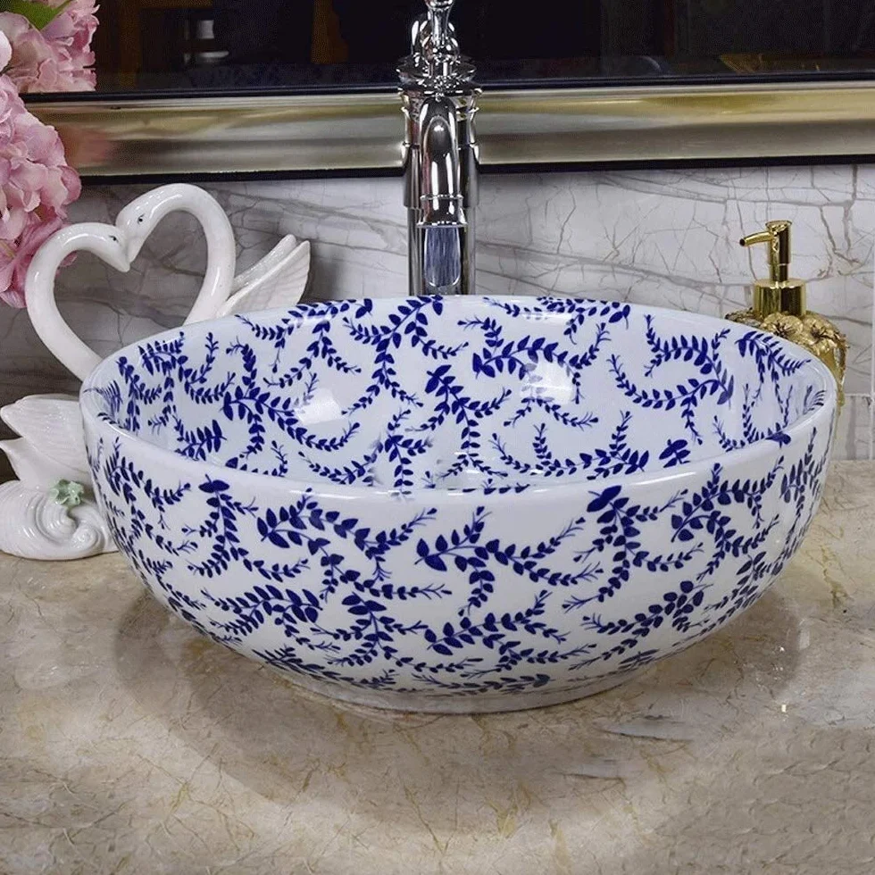 Szafka Pod Umywalkę Z Umywalką, Umywalka Nablatowa, Nowoczesna Okrągła Ceramiczna Umywalka Nablatowa, Porcelanowa Miska Nablatowa Z Ręcznie Malowanym Wzorem Liści