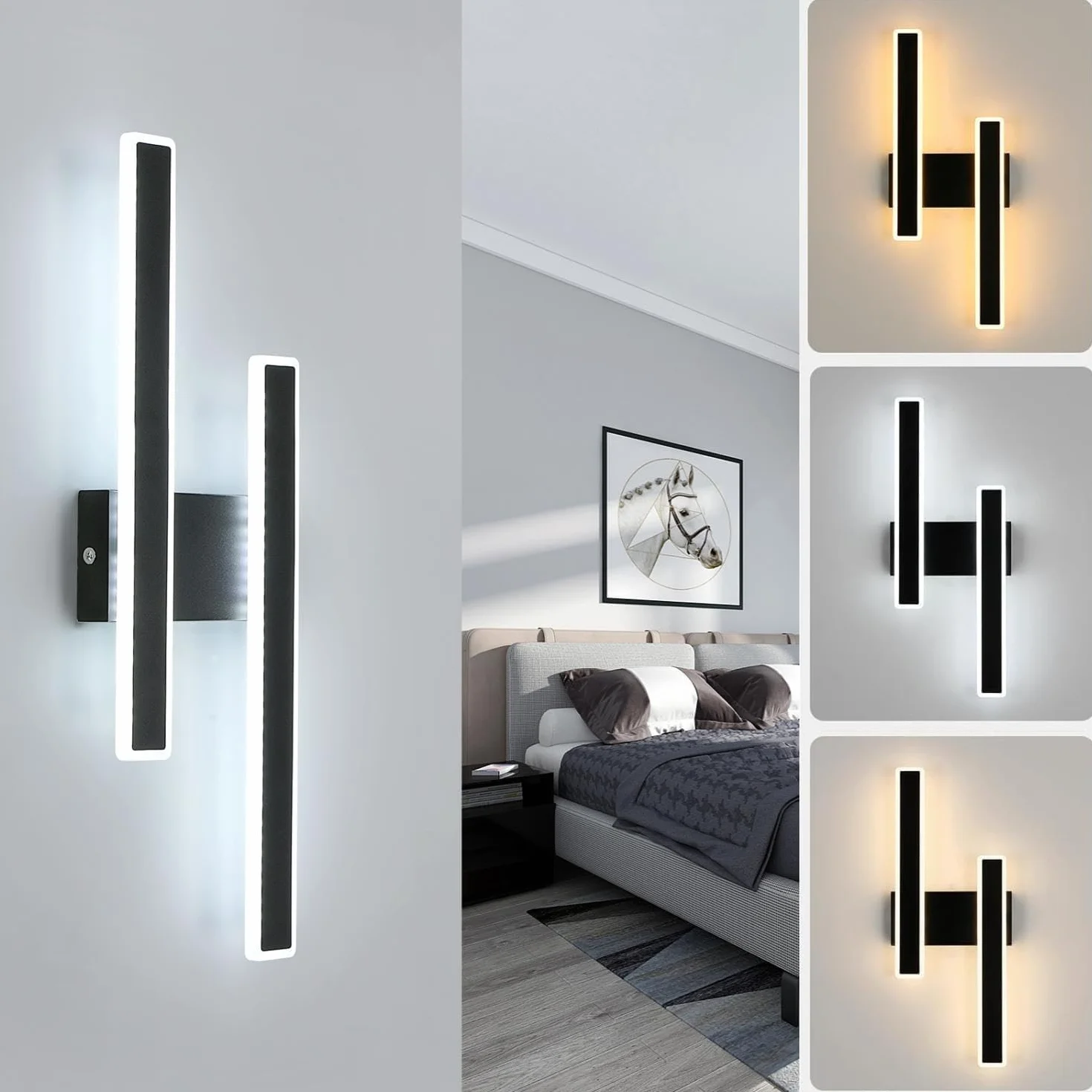 Comely Kinkiet Wewnętrzny LED, 32W 3600LM Czarna Nowoczesna Lampa Ścienna, 3 Temperatury Barwowe Oświetlenie Wewnętrzne Lampa Nocna Ledowa Lampa Ścienna Do Salonu Sypialni Biura Schodów