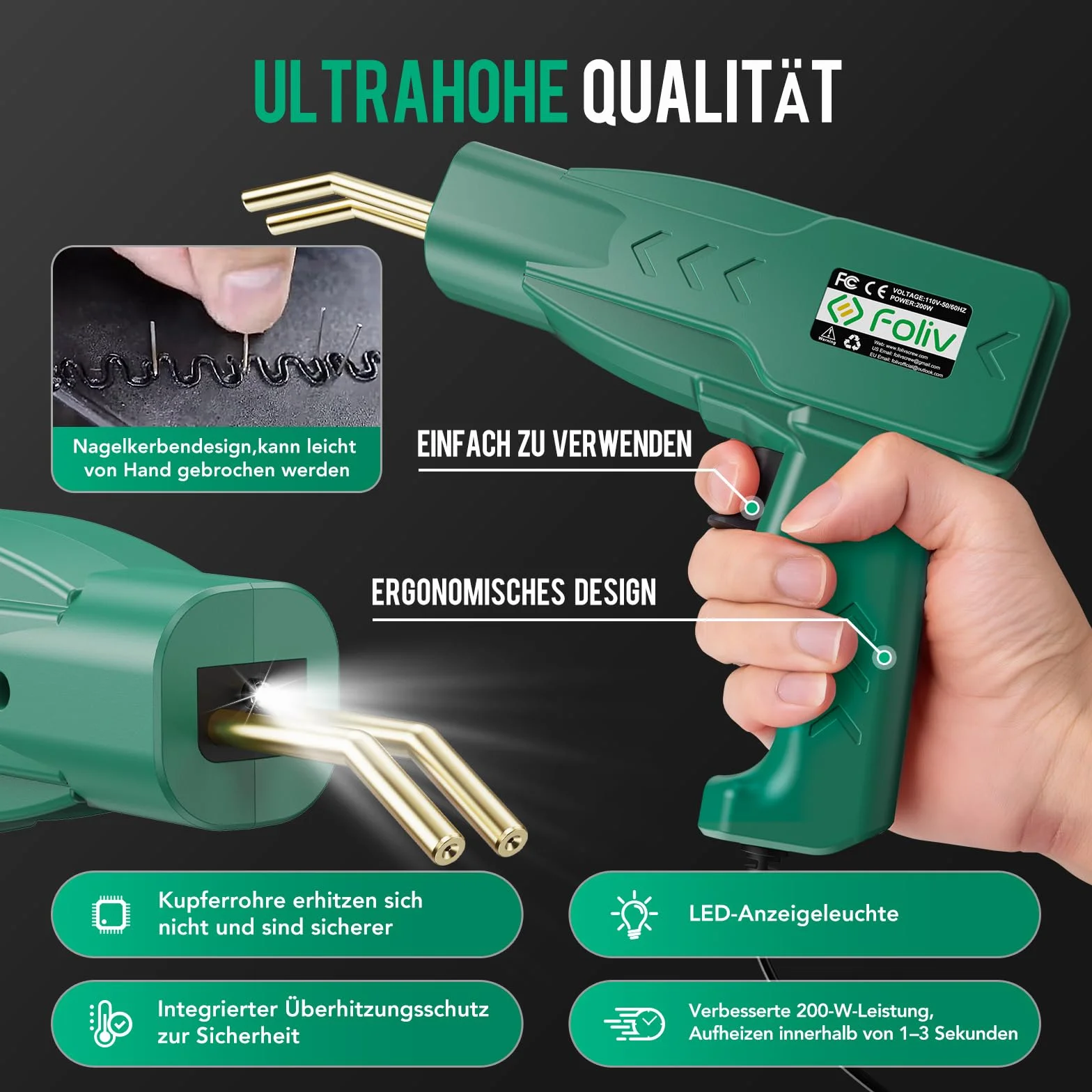 Foliv Spawarka do tworzywa sztucznego 200 W, zestaw spawarek do tworzyw sztucznych, 2 w 1, spawarka, zderzaki samochodowe, zestaw naprawczy z 1000 szt. gwoździ, 16 prętów spawalniczych z tworzywa