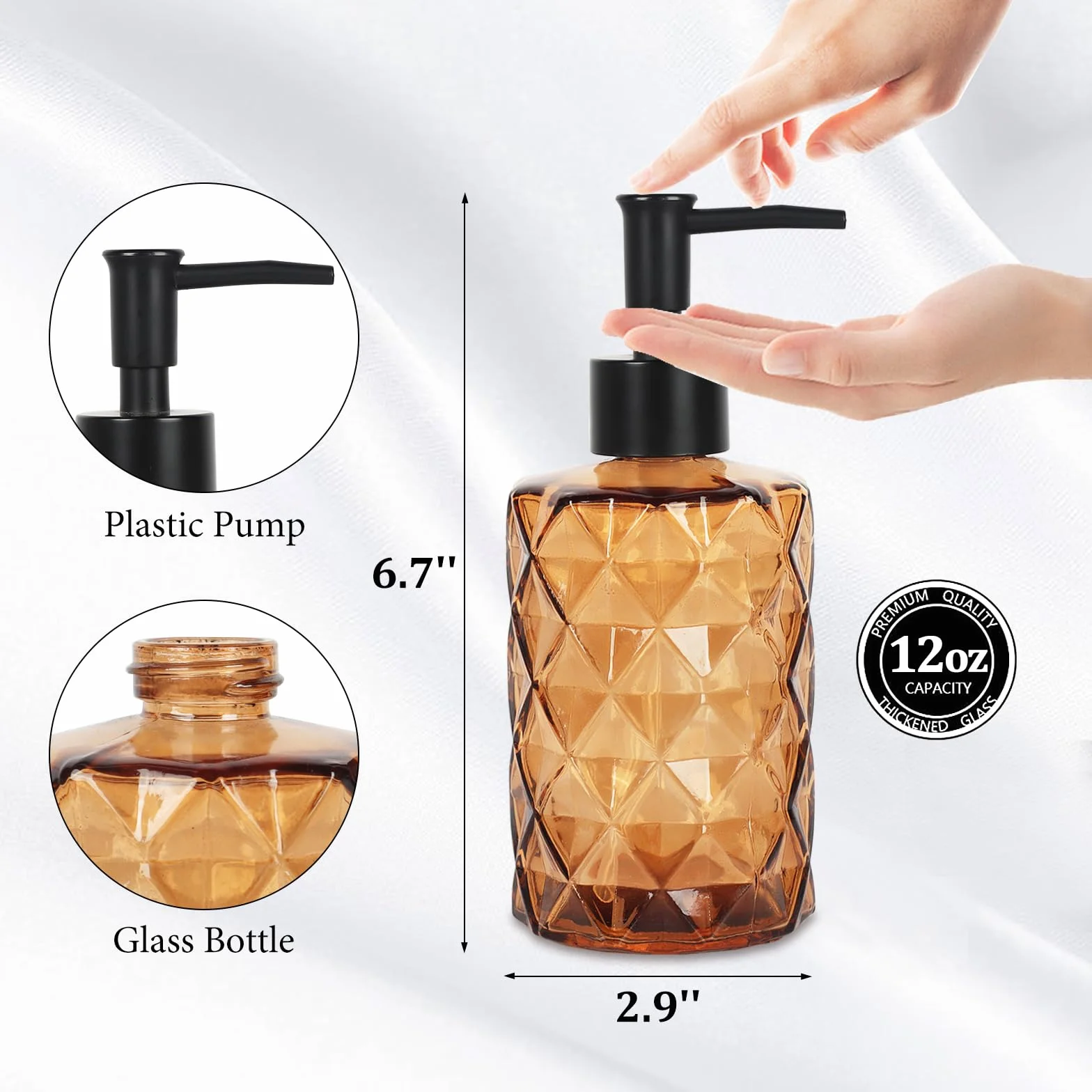 Dozownik mydła z przezroczystego szkła, 330 ml, zestaw dozowników mydła w płynie do zlewu kuchennego i łazienki, butelki na balsam do zlewozmywaka z czarną pompką (ciemnobrązowy)