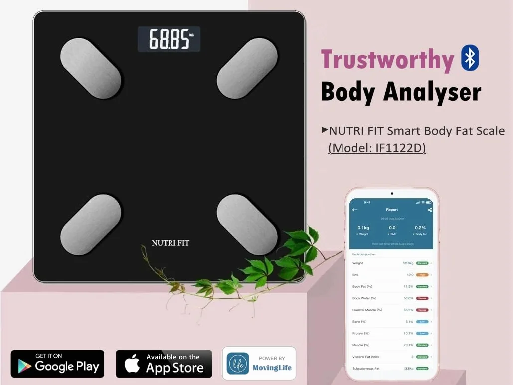 NUTRI FIT waga na tkankę tłuszczową Inteligentna waga osobowa Cyfrowa waga z pomiarem BMI, tkanki tłuszczowej, masy mięśniowej, wody, składu ciała Duży wyświetlacz LCD, 150kg/330lb, 26x26cm - Czarny