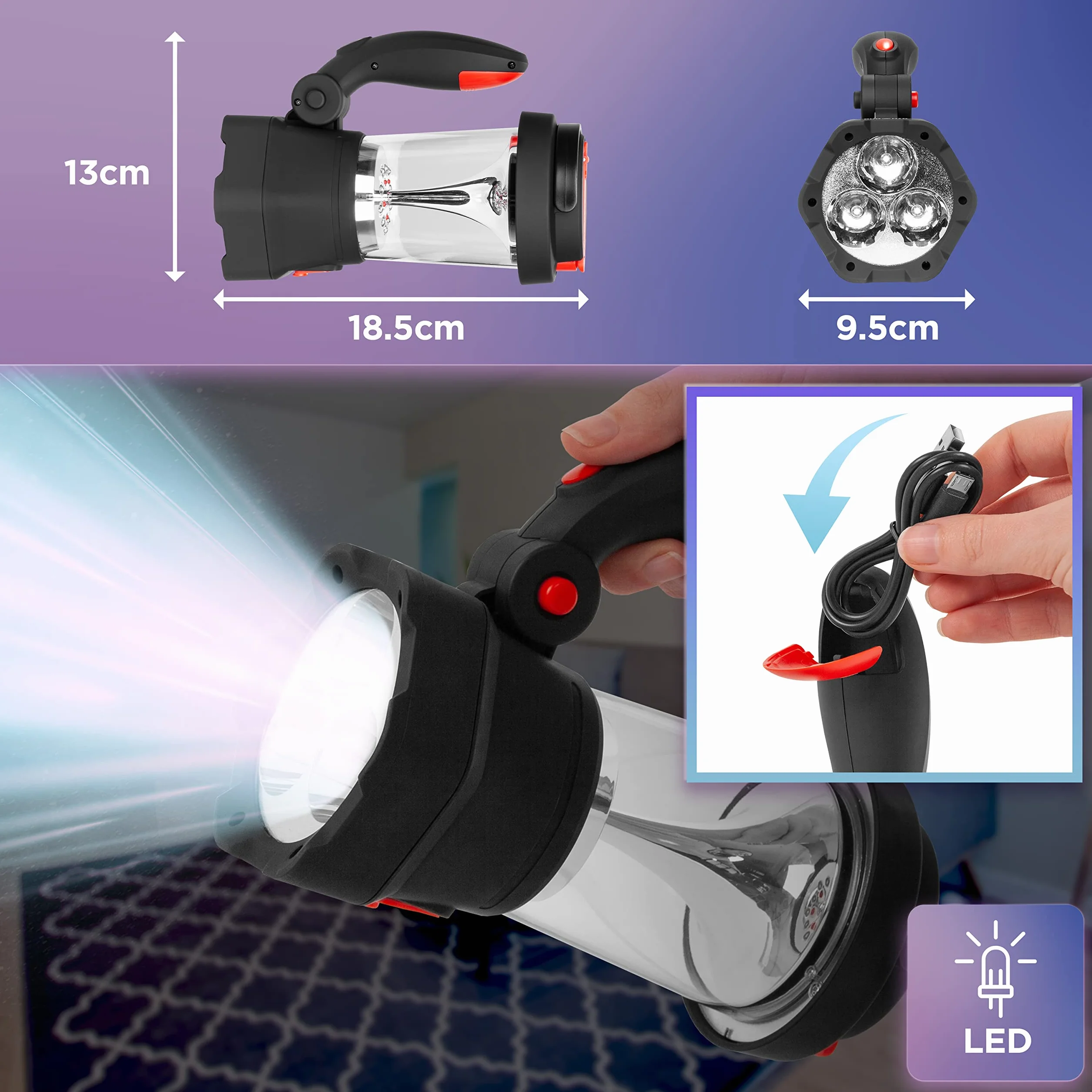 Duronic Hurricane Lampa Turystyczna Dynamo USB SOS | Latarka i Lampa na Biwak | Nie Wymaga Baterii | Ruchoma Rączka i Schowek na Kabel