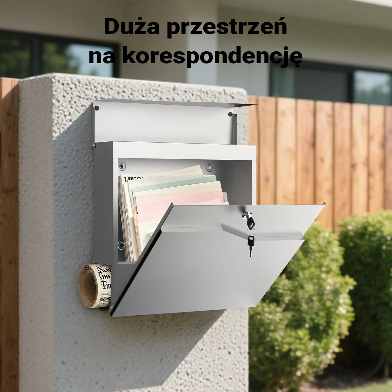 Wiltec Skrzynka na listy stal nierdzewna V19 z ukrytym zamkiem, nowoczesna skrzynka pocztowa do montażu na ścianie i stojaku, miejsce na gazety