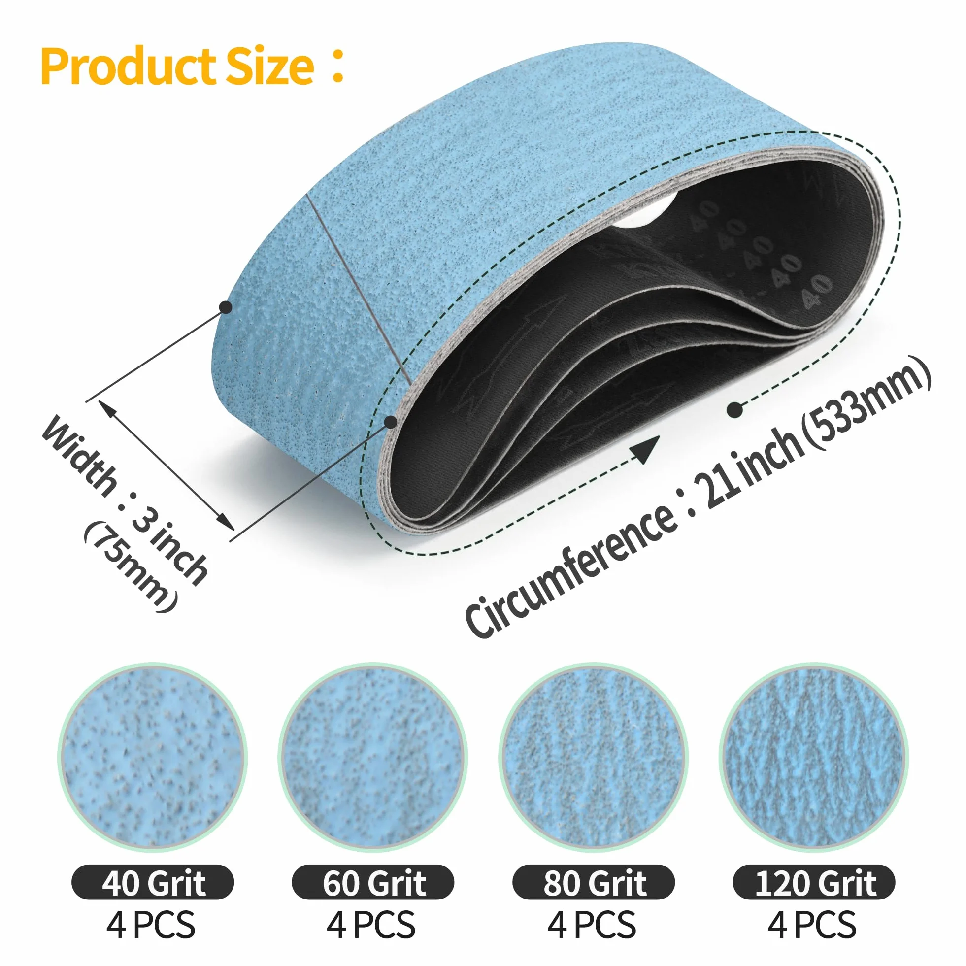16 szt. 75 x 533 mm taśmy szlifierskie z cyrkoniami 75 x 533 mm po 4 sztuki papieru szlifierskiego o ziarnistości 40/60/80/120 do szlifierki taśmowej